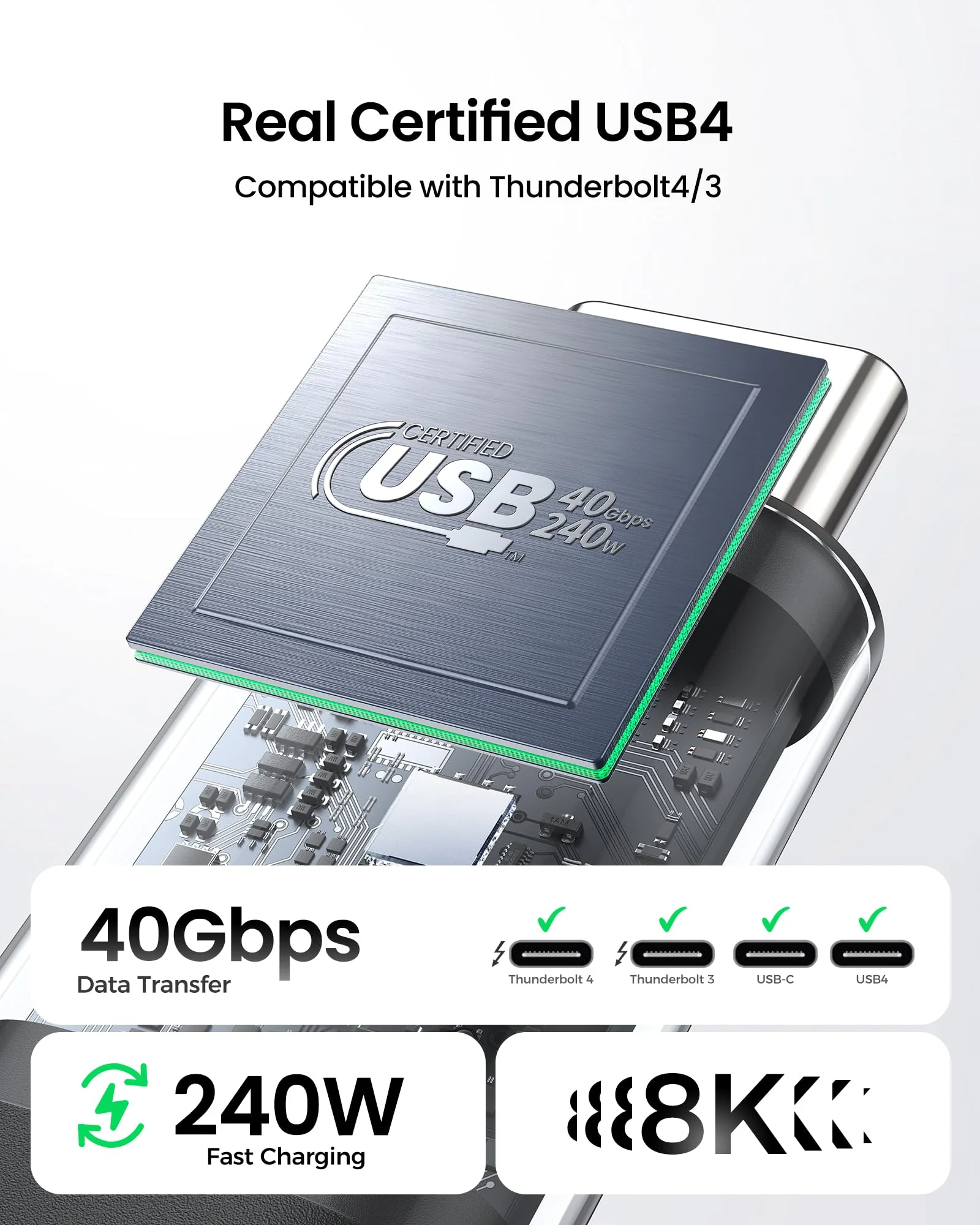 Silkland USB 4 Cable for Thunderbolt 4 Cable 4FT, 40Gbps Data Sync, 8K/6K@60Hz, 240W, [USB-IF Certified] USB C Thunderbolt Cable, Compatible for MacBook, SSD, Docking, iPhone 16, eGPU - Image 2