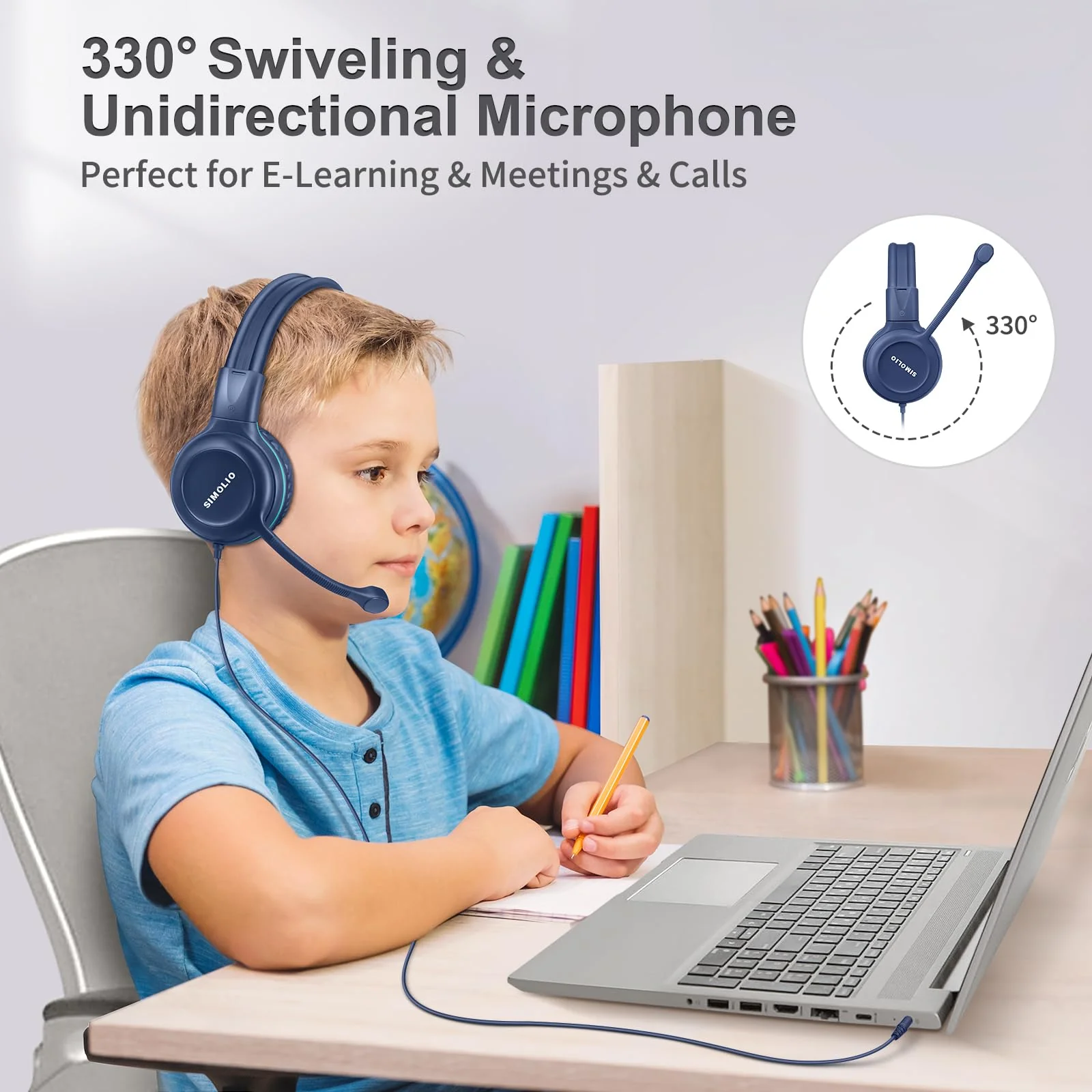 SIMOLIO Wired Headphones for School with Microphone, Stereo Kids Headphone with Flexible Swivel Boom Mic for Student K12 & Teacher & E-Learning, 3 Levels Volume Limiter Gaming Headsets for Boys, Girls Blue - Image 2