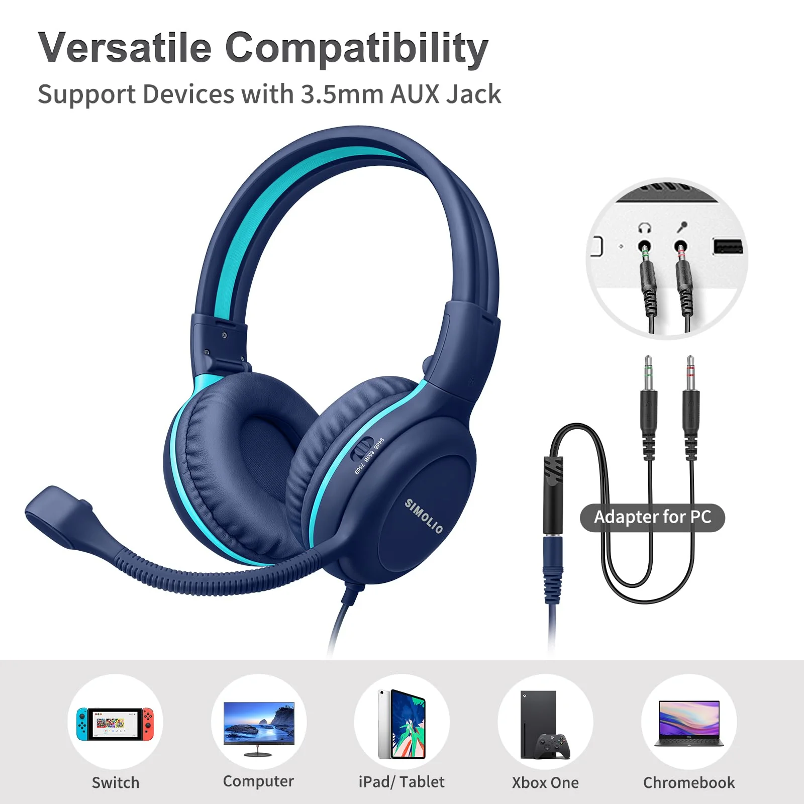 SIMOLIO Wired Headphones for School with Microphone, Stereo Kids Headphone with Flexible Swivel Boom Mic for Student K12 & Teacher & E-Learning, 3 Levels Volume Limiter Gaming Headsets for Boys, Girls Blue - Image 6