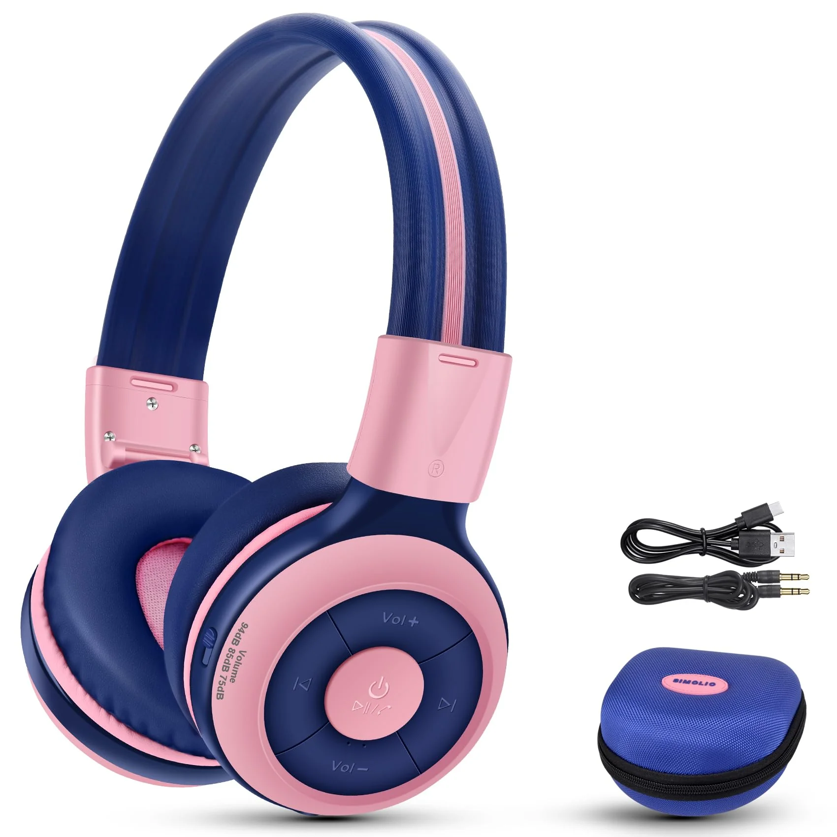 SIMOLIO Wireless Headphones Girls, Bluetooth Foldable Childrens Headphones with Mic and Volume Limited, Over-Ear Stereo Headset for Fire Tablet iPad School Travel Airplane Cellphones, Wired Mode Pink Bubblegum Pink