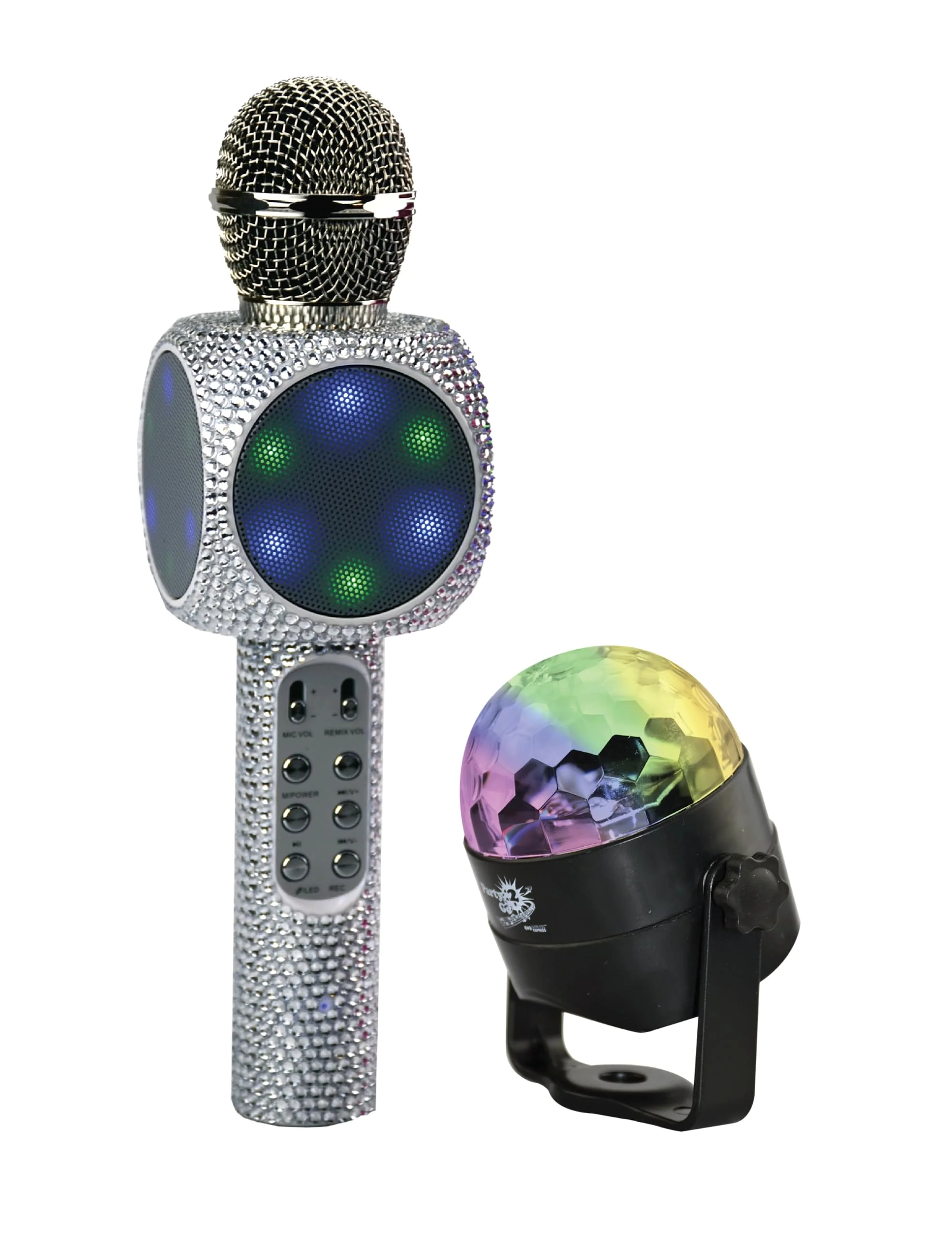 Sing-Along Bling Bluetooth Karaoke Microphone and Bluetooth Stereo Speaker All-in-One (Silver Bling w/Disco Ball)
