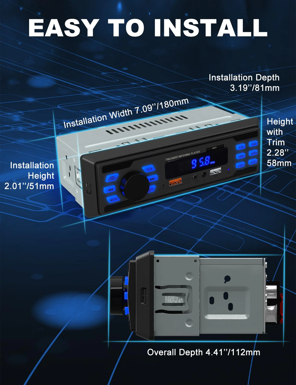 Single DIN Bluetooth Car Stereo, Handsfree Car Radio Receiver & Car Audio System | Dual USB Ports/FM/AUX/MP3/EQ/USB Charging | Universal Fit for Cars Trucks SUV - Image 2