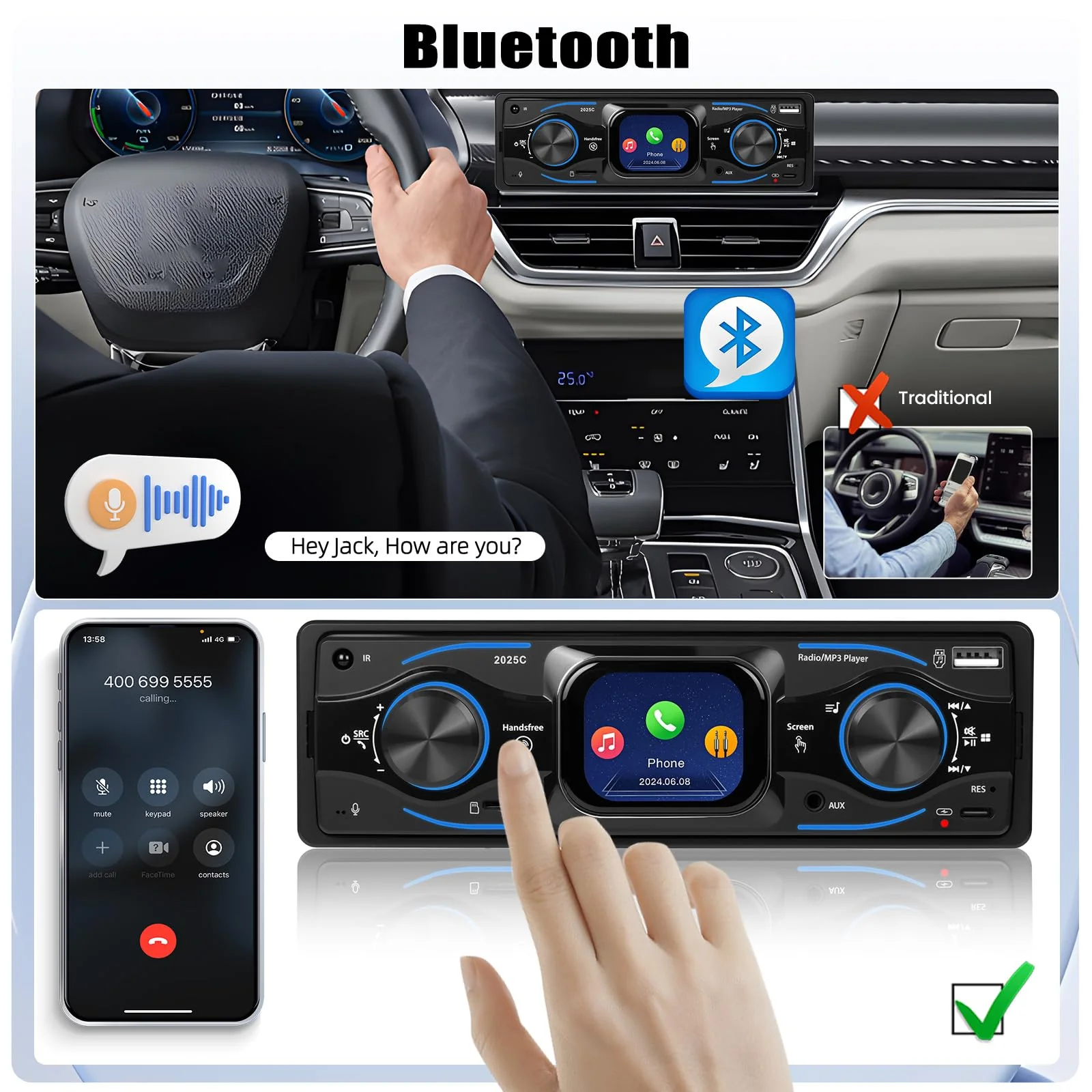 Single Din Car Stereo Marine Radio Bluetooth Multimedia Car Audio Receivers with Digital LCD Display FM Car Radio USB/Type-C/SD/AUX-in MP3 Player Lossless Sound Quality Quick Charge+ SWC - Image 3