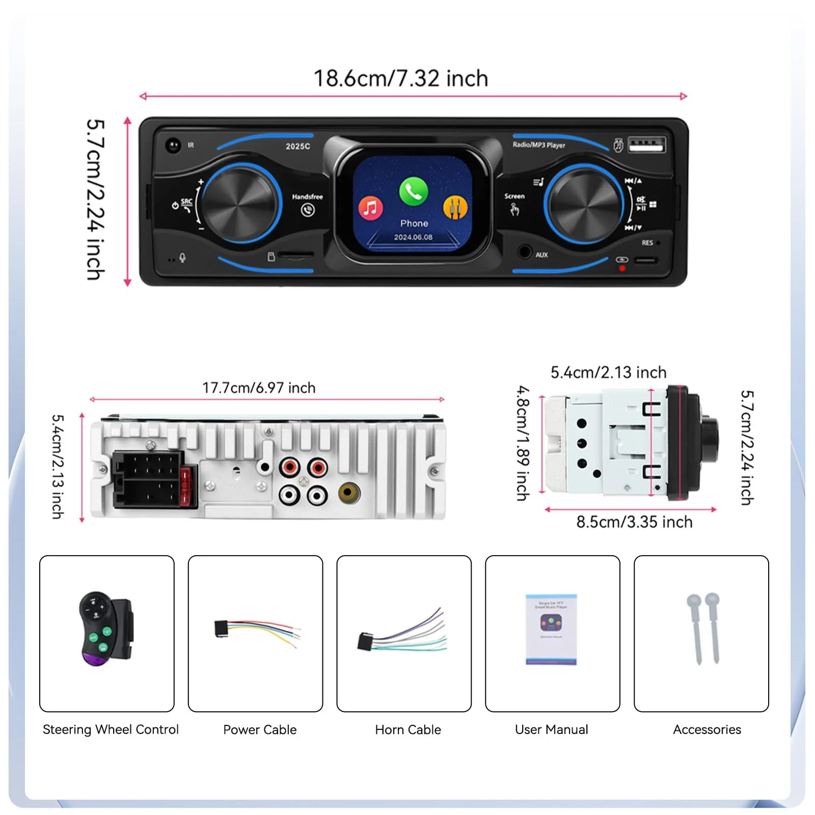 Single Din Car Stereo Marine Radio Bluetooth Multimedia Car Audio Receivers with Digital LCD Display FM Car Radio USB/Type-C/SD/AUX-in MP3 Player Lossless Sound Quality Quick Charge+ SWC - Image 7
