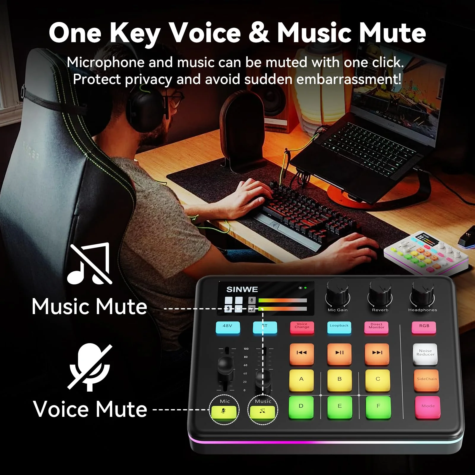 SINWE G1 Gaming Audio Mixer, RGB Audio Interface with Pro-preamp,Bluetooth, Streaming PC Mixer with XLR/48V Phantom Power for Live Streaming, Podcasting, Content Create, Gaming(Black) Black - Image 7