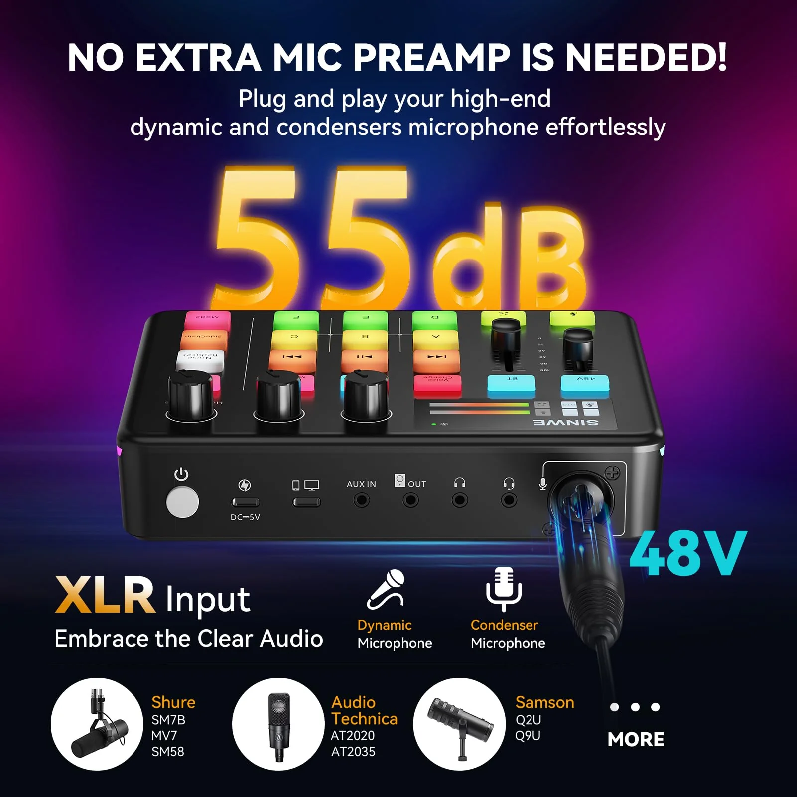 SINWE G1 Gaming Audio Mixer, RGB Audio Interface with Pro-preamp,Bluetooth, Streaming PC Mixer with XLR/48V Phantom Power for Live Streaming, Podcasting, Content Create, Gaming(Black) Black - Image 8
