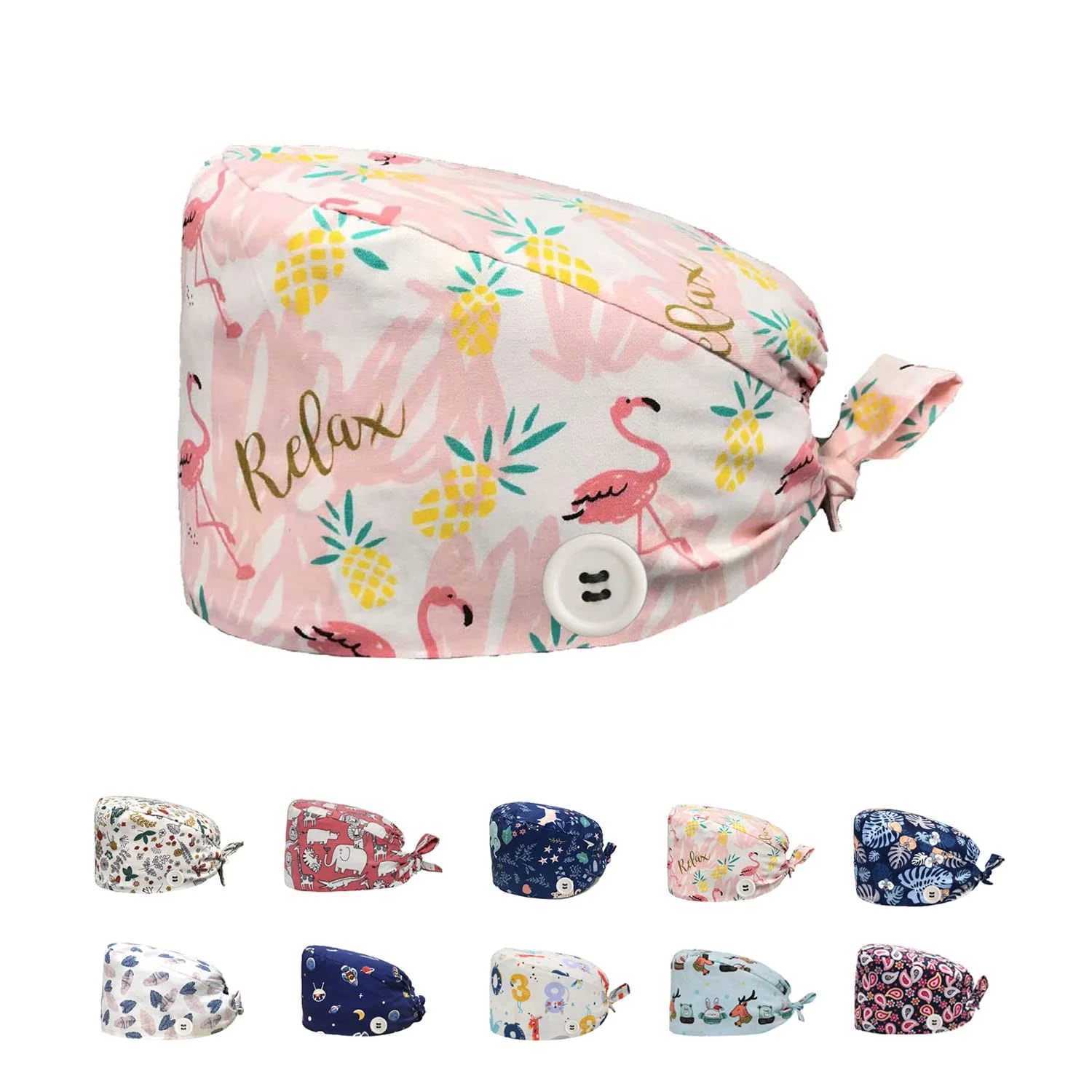 Siribelle Surgical Caps, Women's Men's Cotton Surgical Hat, Adjustable Chef's Hat, Long Hair, Dentist Chef Unit size Pink Flamingos