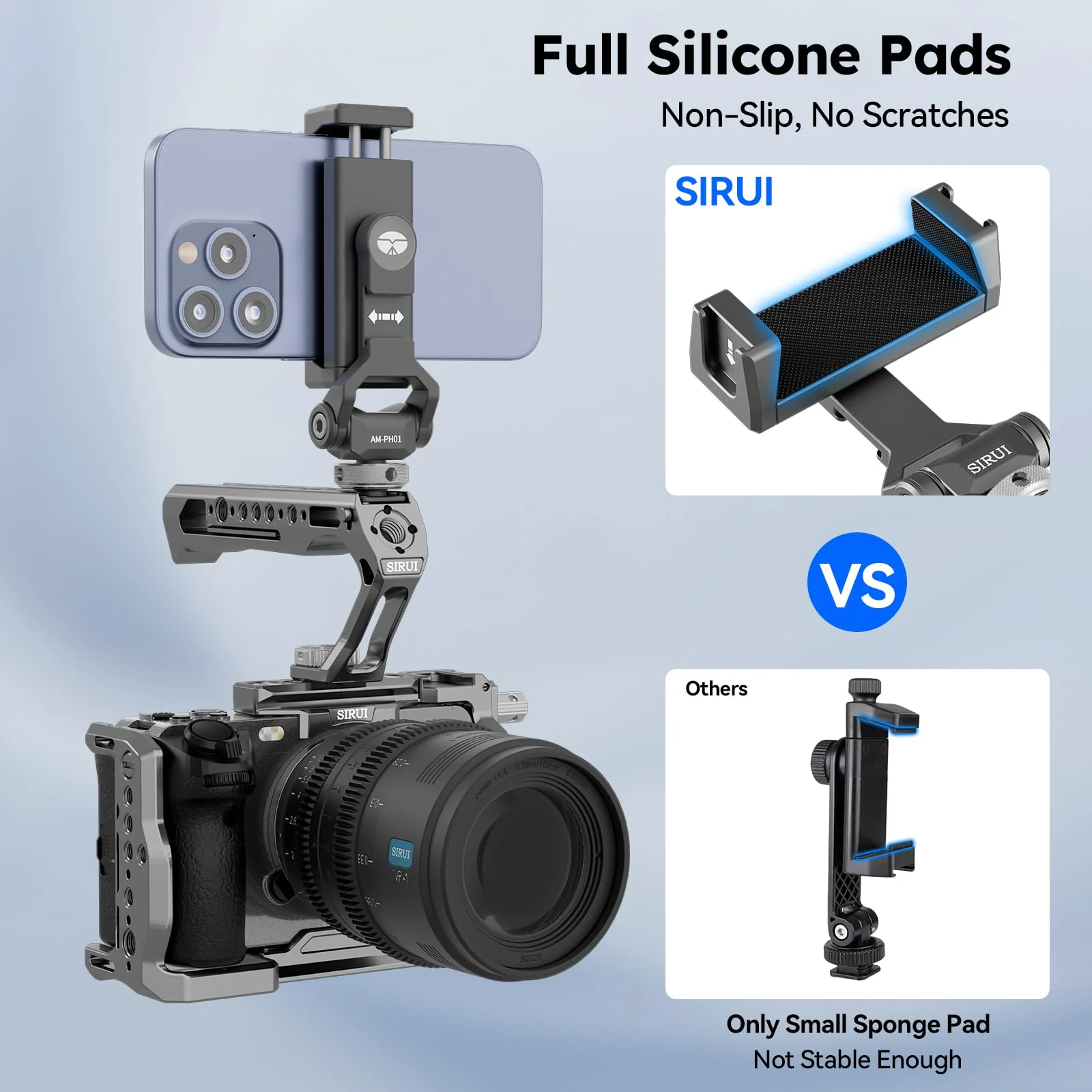 Sirui Metal Phone Holder with Cold Shoe Base for Camera Mount, Universal Tripod Smartphone Clamp with 3 Cold Shoes, Adjustable Cellphone Tripod Mount for iPhone 16 15 14, etc. Gunmetal, AM-PH01 - Image 6