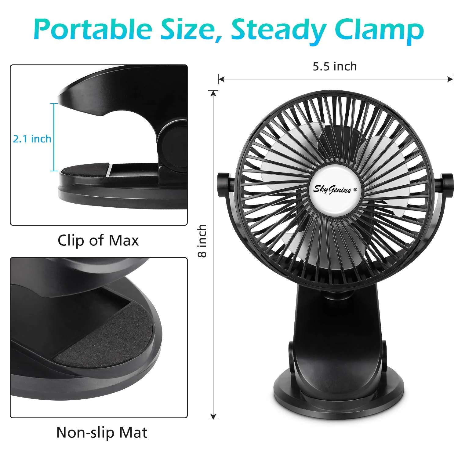 SkyGenius Battery Operated Stroller Fan, Rechargeable USB Powered Mini Clip on Desk Fan Black - Image 2