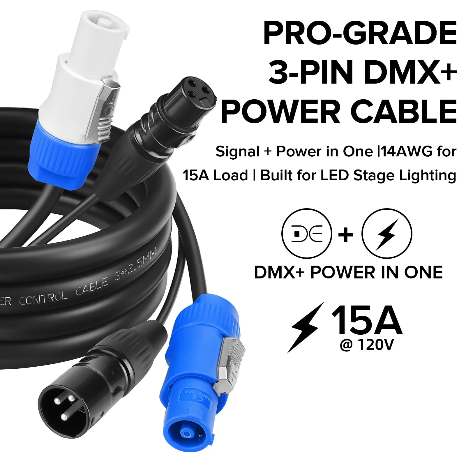 SMALL-EYE 3 Pin DMX & Power Con Combo Link Cable 10 ft – 14AWG Power Control DMX Male to Female Cord for Lighting Fixtures 10 Feet - Image 2