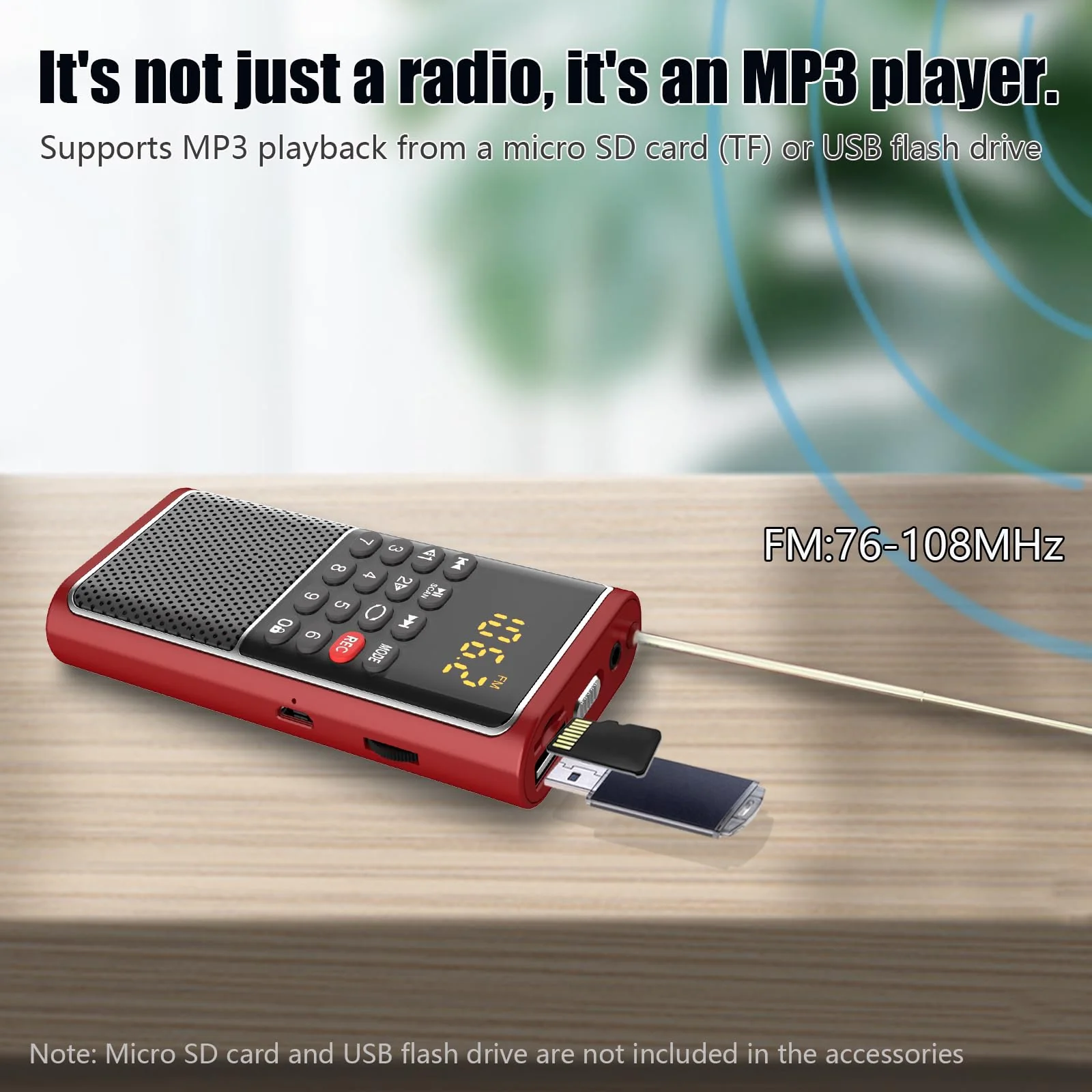 Small FM Radio Pocket Portable Radio,Rechargeable Battery Operated,USB/Micro SD Card/TF Card Slot Mp3 Player,Numeric Key, with Recorder,Excellent Reception and Sound,Suitable for Home & Outdoor Use RED - Image 2