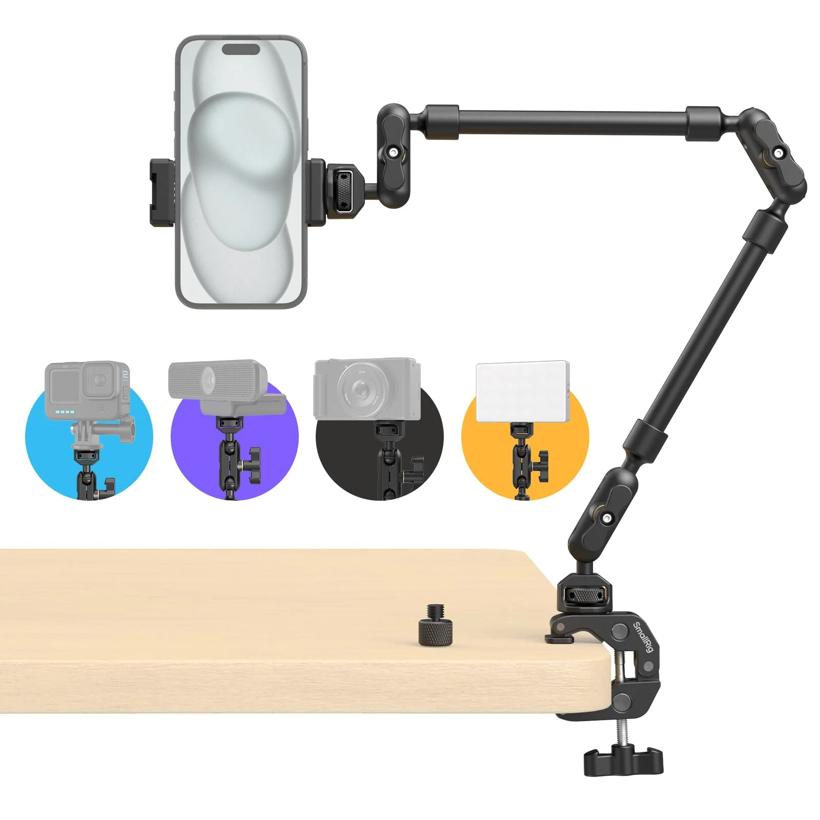SMALLRIG 22" Magic Arm Clamp, Overhead Phone Mount Holder Stand, Flexible Desk Camera Mount, Articulating Friction Boom Arm, for POV Shot, Filming, Light, Webcam, Action Camera Double Ball Joints