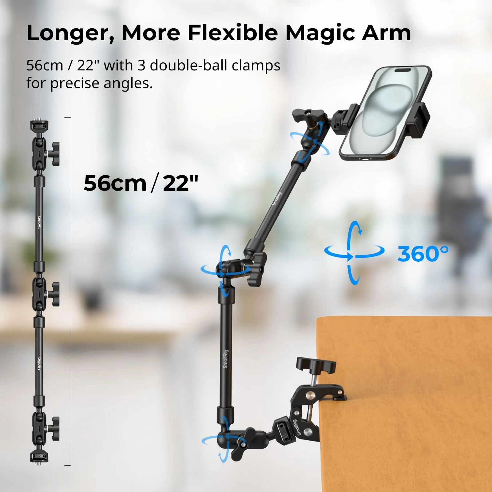SMALLRIG 22" Magic Arm Clamp, Overhead Phone Mount Holder Stand, Flexible Desk Camera Mount, Articulating Friction Boom Arm, for POV Shot, Filming, Light, Webcam, Action Camera Double Ball Joints - Image 3
