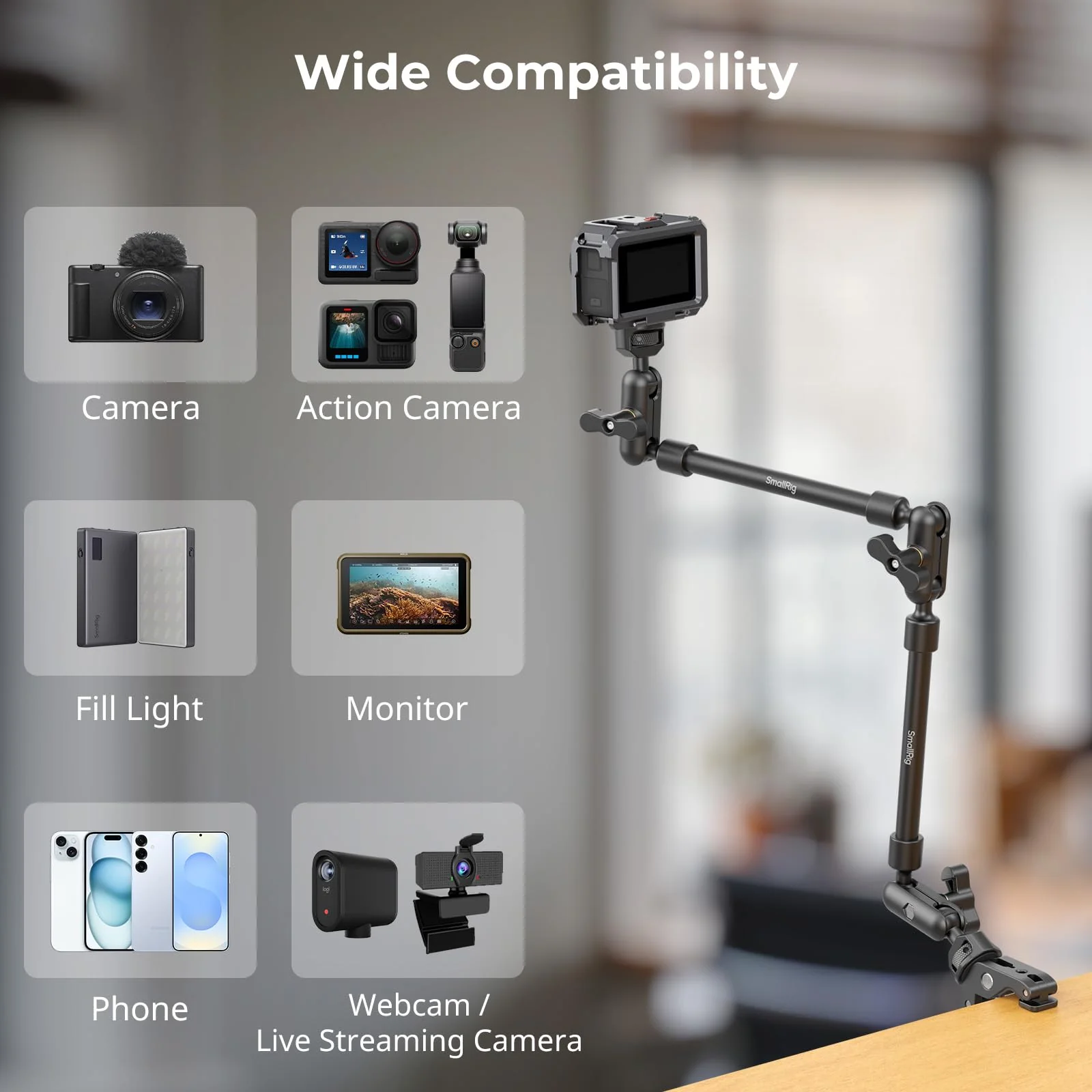 SMALLRIG 22" Magic Arm Clamp, Overhead Phone Mount Holder Stand, Flexible Desk Camera Mount, Articulating Friction Boom Arm, for POV Shot, Filming, Light, Webcam, Action Camera Double Ball Joints - Image 4