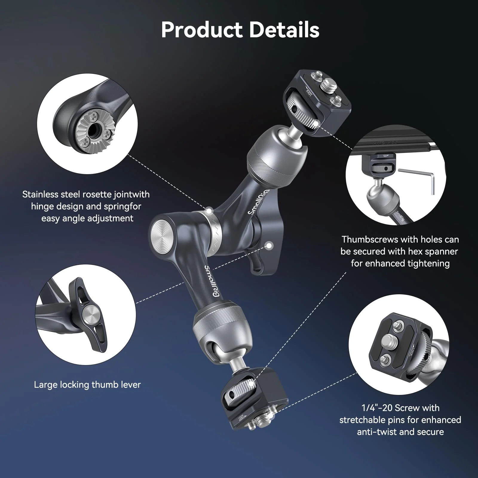 SMALLRIG 7" Rosette Magic Arm, Camera Monitor Mount, Articulating Arm with 1/4"-20 Screws and Anti-Twist Pins, Max Load Capacity 3.5kg Friction Arm, for Cameras, Monitors, LED Lights and Phones 7" Gear Magic Arm - Image 5