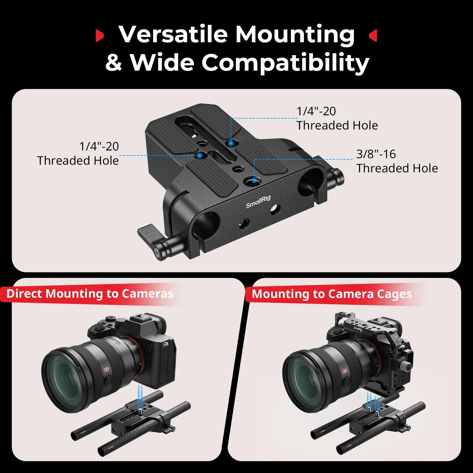 SMALLRIG Camera Base Plate Kit with 15mm LWS Rod Rail Clamp, Carbon Fiber 15mm Rods (8'' / 20cm), for Sony A6500 A6600 A6300, for Canon R5 R6, for Sony A7SIII / A7III, Both for Cameras & Cages - 5609 Base Plate+15mm Rods - Image 4