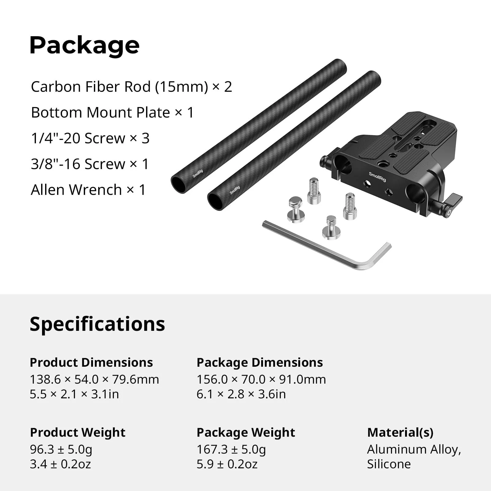 SMALLRIG Camera Base Plate Kit with 15mm LWS Rod Rail Clamp, Carbon Fiber 15mm Rods (8'' / 20cm), for Sony A6500 A6600 A6300, for Canon R5 R6, for Sony A7SIII / A7III, Both for Cameras & Cages - 5609 Base Plate+15mm Rods - Image 7