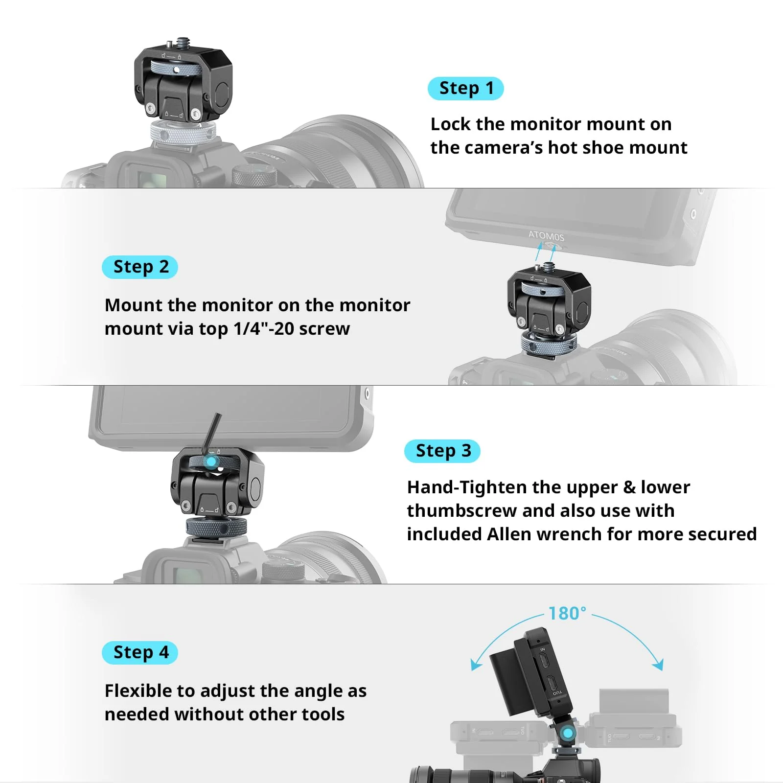 SmallRig Camera Monitor Mount Lite with Cold Shoe, Swivel 360° and Tilt 180° Holder for Field Monitor, LED, Flash and Video Shooting Photography Accessories, Max Load Capacity of 90° Tilt 3.2kg - Image 6