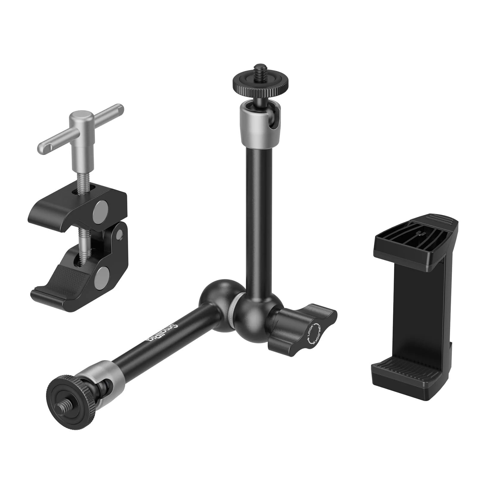SmallRig Clamp w/ 1/4" and 3/8" Thread Holes, 9.8 Inches Adjustable Friction Power Articulating Magic Arm with Phone Holder for Action Cameras, Smartphones, LCD Monitor/LED Lights - 5326 9.8''+phone clamp