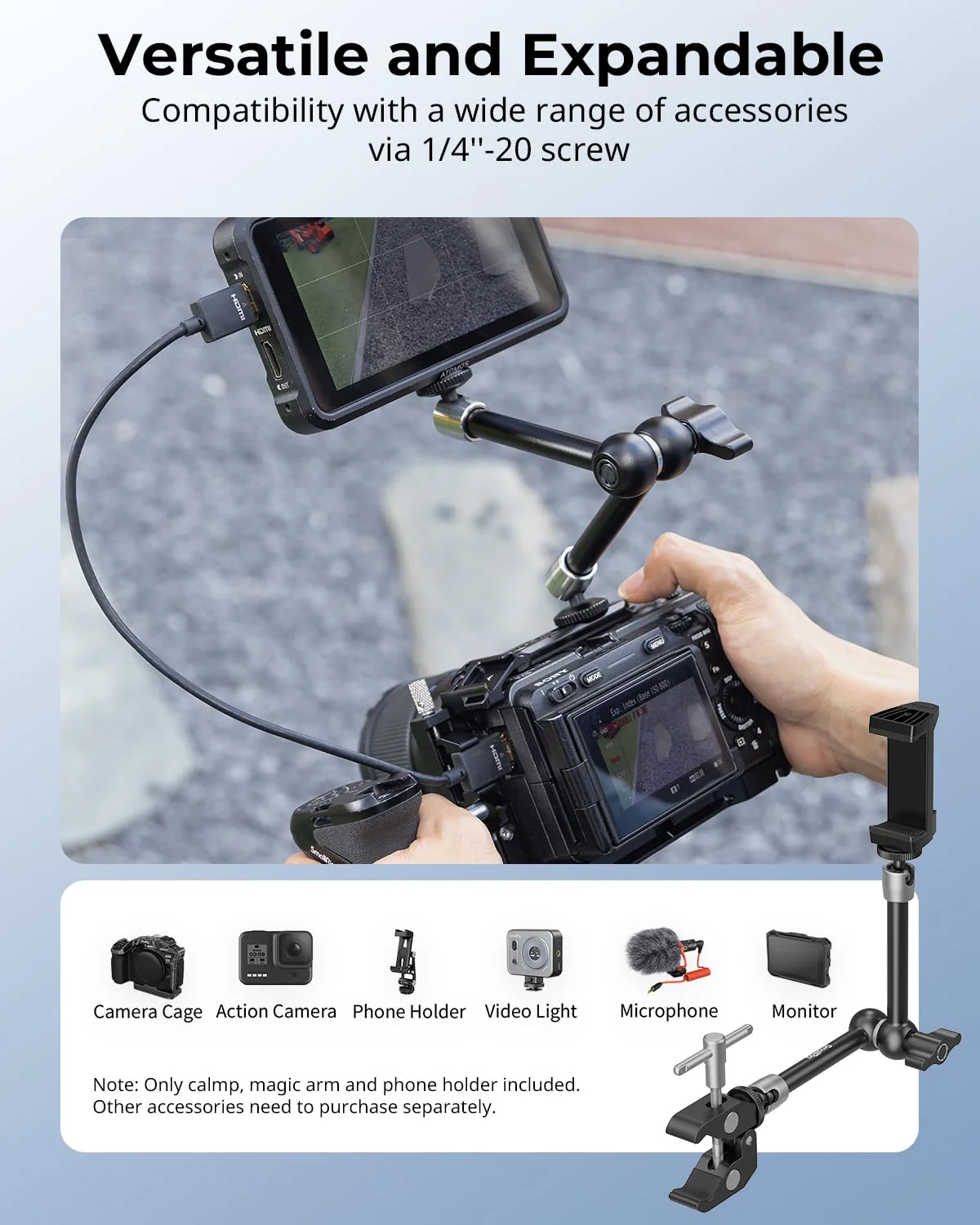 SmallRig Clamp w/ 1/4" and 3/8" Thread Holes, 9.8 Inches Adjustable Friction Power Articulating Magic Arm with Phone Holder for Action Cameras, Smartphones, LCD Monitor/LED Lights - 5326 9.8''+phone clamp - Image 4
