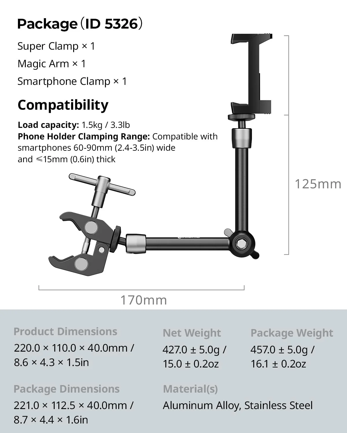 SmallRig Clamp w/ 1/4" and 3/8" Thread Holes, 9.8 Inches Adjustable Friction Power Articulating Magic Arm with Phone Holder for Action Cameras, Smartphones, LCD Monitor/LED Lights - 5326 9.8''+phone clamp - Image 8