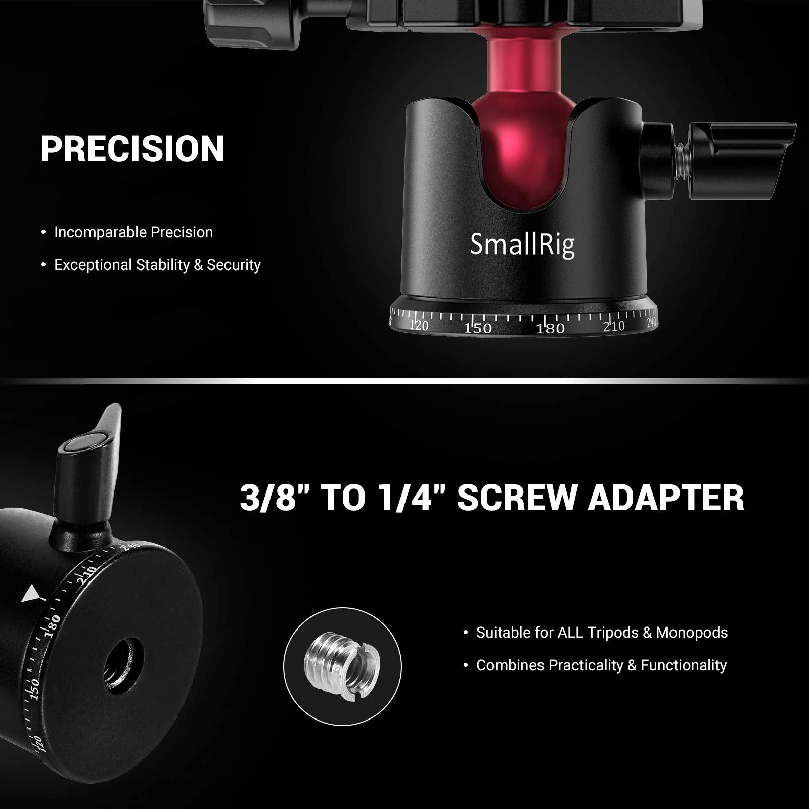 SmallRig Mini Ball Head, Tripod Head Camera 360° Panoramic with 1/4" Screw 3/8" Thread Mount and Quick Release Plate Metal Ball Joint for Monopod, DSLR, Phone, Gopro, Max Load 4.4lbs/2kg - BUT2665 - Image 4