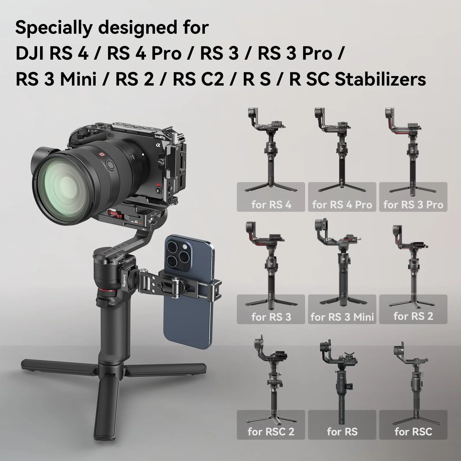 SmallRig Phone Support for DJI Stabilizers, Adjustment Phone Mount Adapter with 1/4"-20 Threaded Hole, Cold Shoe for DJI RS 4 Mini/RS 4 Pro/RS 3 /RS 3 Pro/RS 3 Mini/RS 2 / RS C2 / R S/R SC - 4301 with Cold Shoe Mount - Image 2