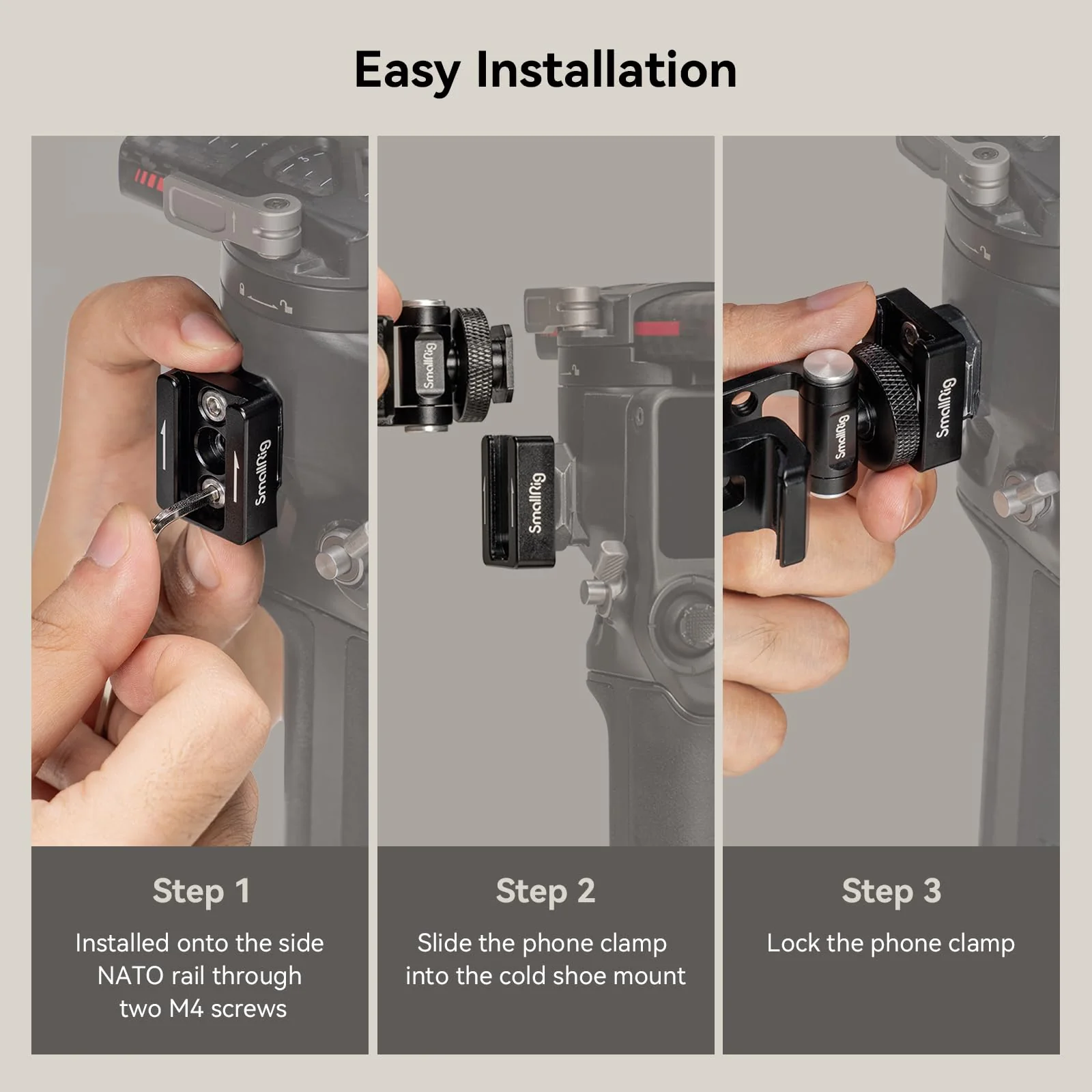 SmallRig Phone Support for DJI Stabilizers, Adjustment Phone Mount Adapter with 1/4"-20 Threaded Hole, Cold Shoe for DJI RS 4 Mini/RS 4 Pro/RS 3 /RS 3 Pro/RS 3 Mini/RS 2 / RS C2 / R S/R SC - 4301 with Cold Shoe Mount - Image 4