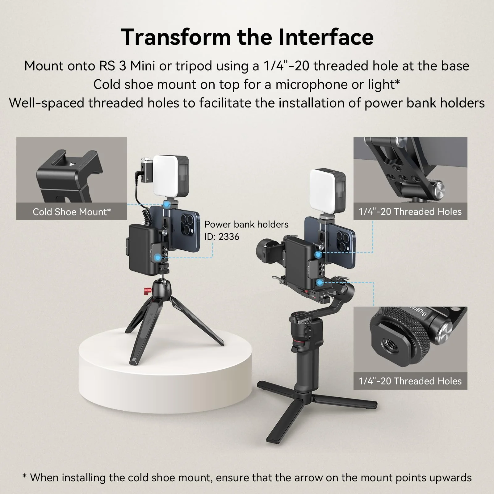 SmallRig Phone Support for DJI Stabilizers, Adjustment Phone Mount Adapter with 1/4"-20 Threaded Hole, Cold Shoe for DJI RS 4 Mini/RS 4 Pro/RS 3 /RS 3 Pro/RS 3 Mini/RS 2 / RS C2 / R S/R SC - 4301 with Cold Shoe Mount - Image 7
