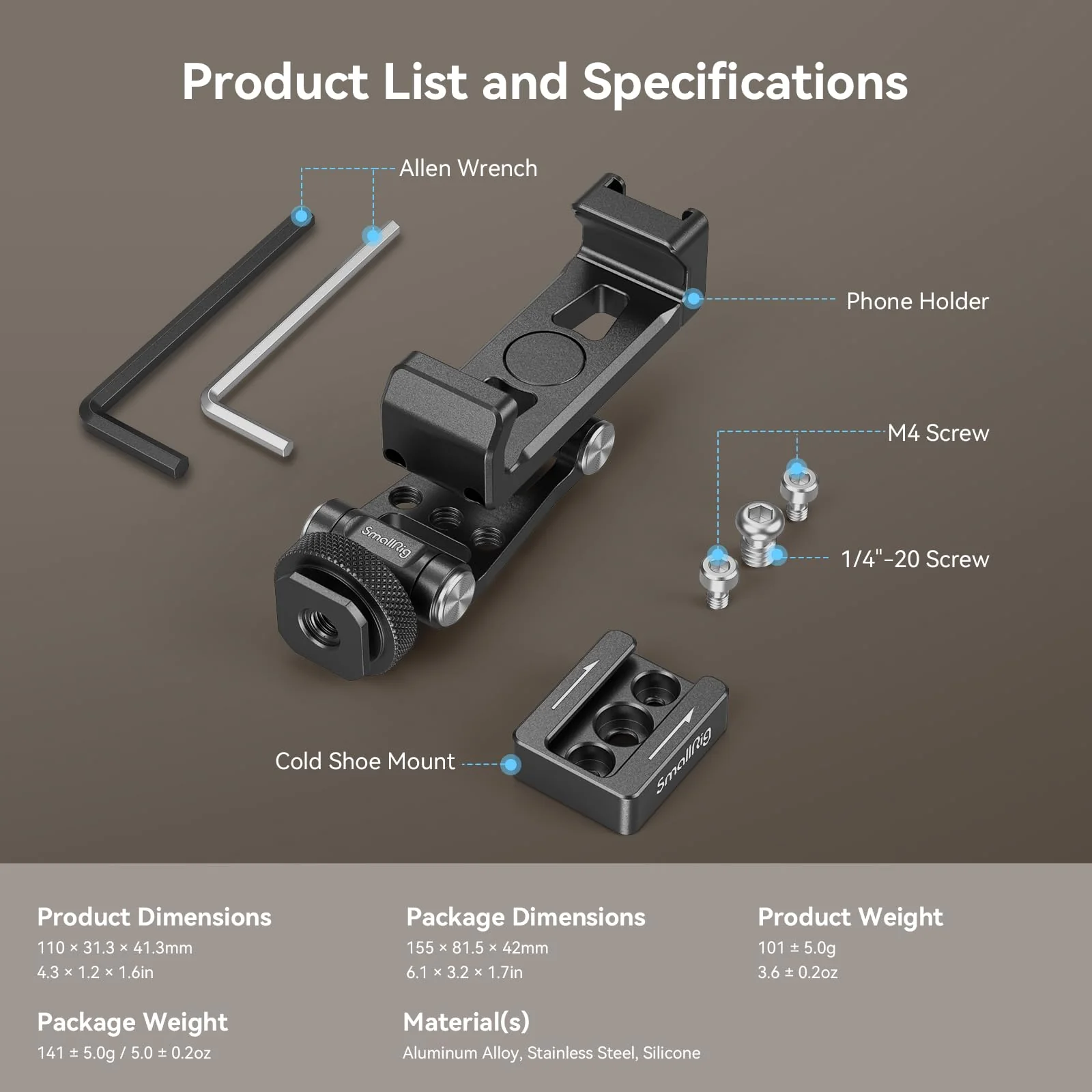 SmallRig Phone Support for DJI Stabilizers, Adjustment Phone Mount Adapter with 1/4"-20 Threaded Hole, Cold Shoe for DJI RS 4 Mini/RS 4 Pro/RS 3 /RS 3 Pro/RS 3 Mini/RS 2 / RS C2 / R S/R SC - 4301 with Cold Shoe Mount - Image 8