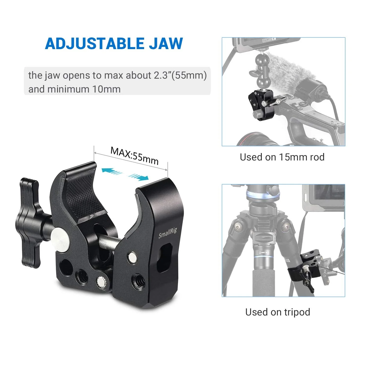 SMALLRIG Super Clamp with 1/4"-20 Thread Holes, 3/8"-16 Locating Pin for ARRI Standard, T-Shaped Wingnut and Rubber Pads - Image 3
