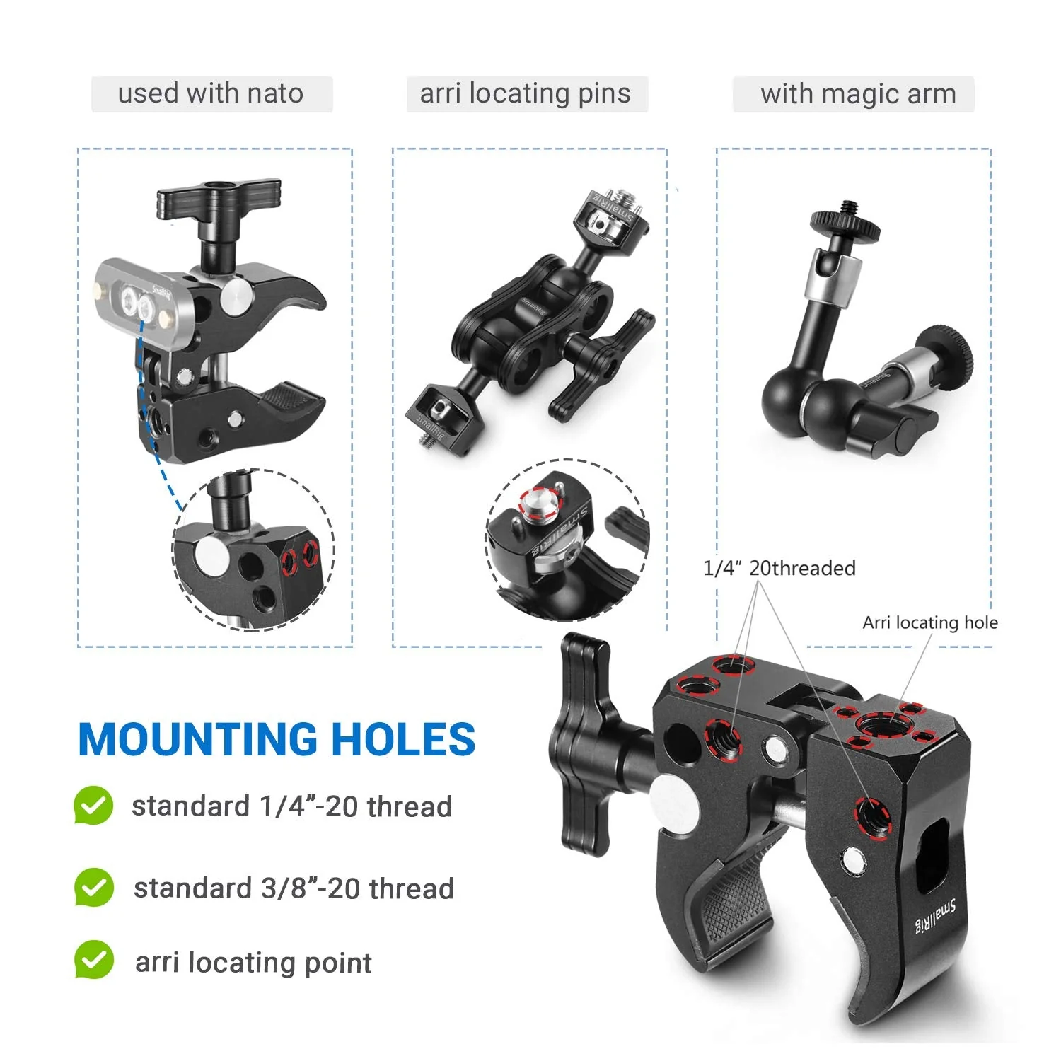 SMALLRIG Super Clamp with 1/4"-20 Thread Holes, 3/8"-16 Locating Pin for ARRI Standard, T-Shaped Wingnut and Rubber Pads - Image 4