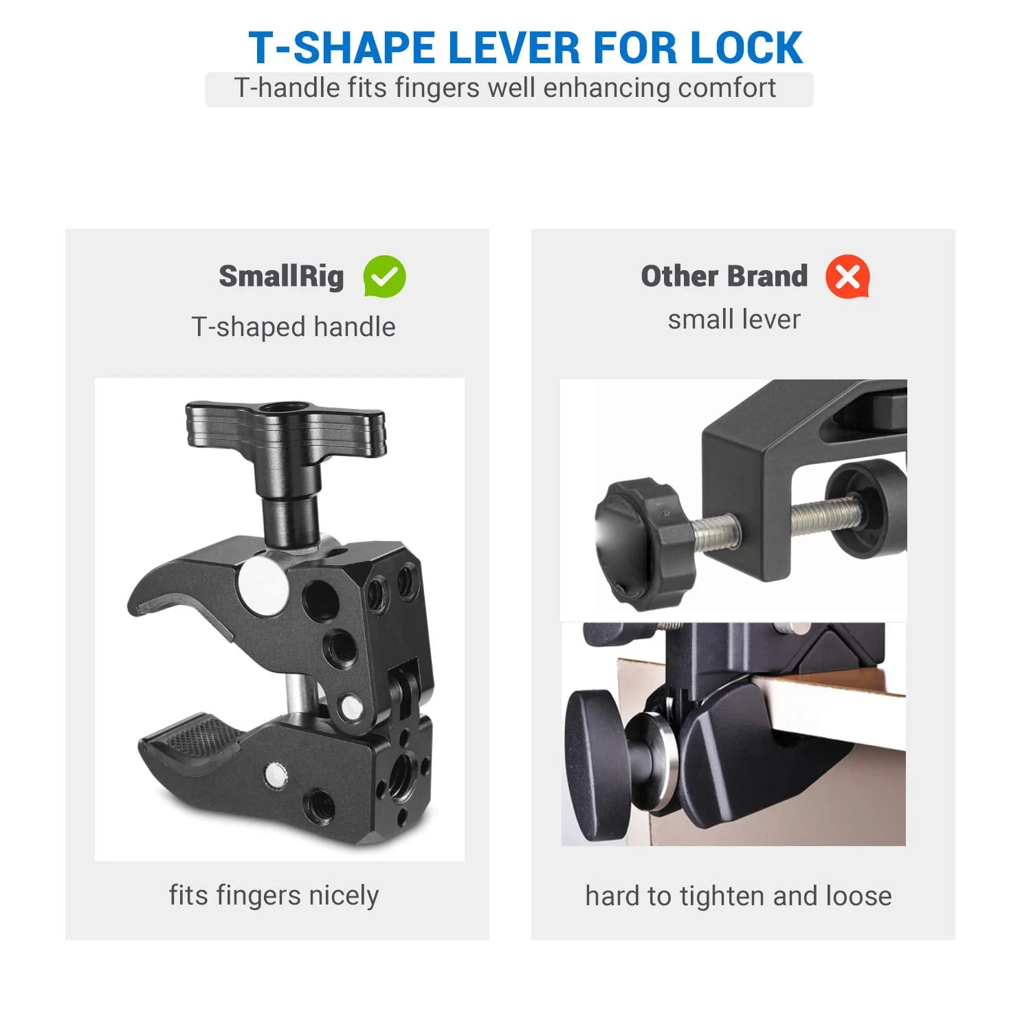 SMALLRIG Super Clamp with 1/4"-20 Thread Holes, 3/8"-16 Locating Pin for ARRI Standard, T-Shaped Wingnut and Rubber Pads - Image 5
