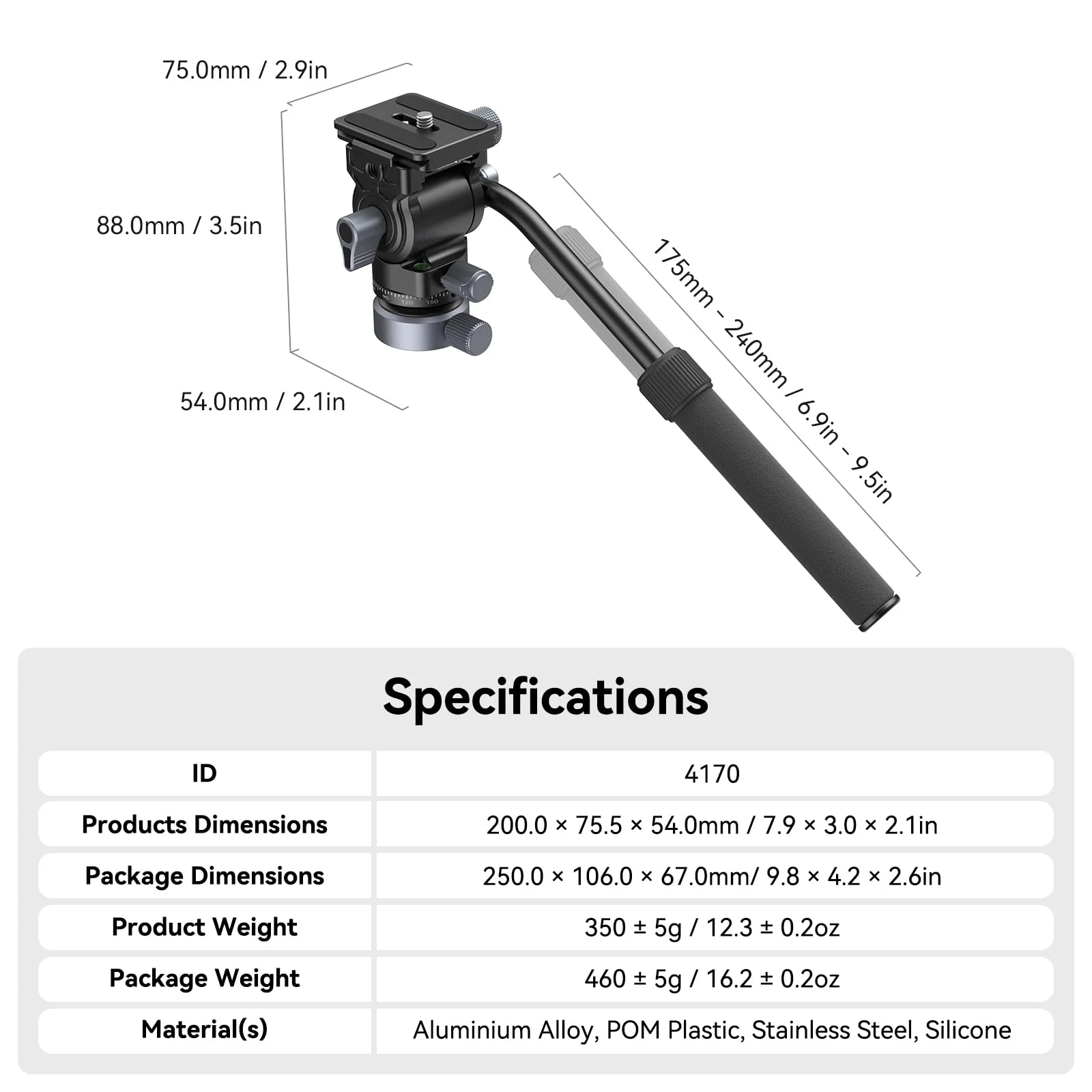 SmallRig Video Head with Leveling Base, Quick Release Plate for Arca Swiss and Adjustable Handle, Tripod Pan Tilt Head Fluid Head for Compact Cameras DSLR Cameras, Load up to 8.8lb/4kg - Image 9
