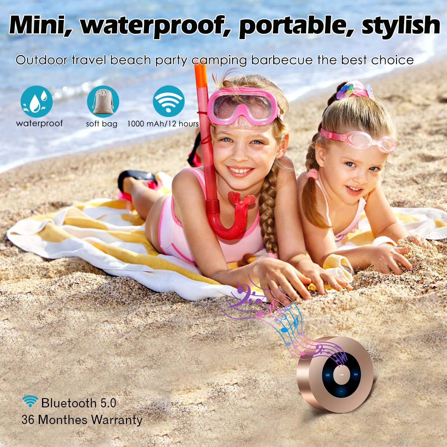 Smart LED Touch Play Bluetooth Speaker Portable Wireless Speakers with HD Sound / 12-Hour Playtime/Bluetooth 5.0 / Micro SD Support, for iPhone/ipad/Samsung/Tablet/Laptop/Notebook (Gold) Gold - Image 2