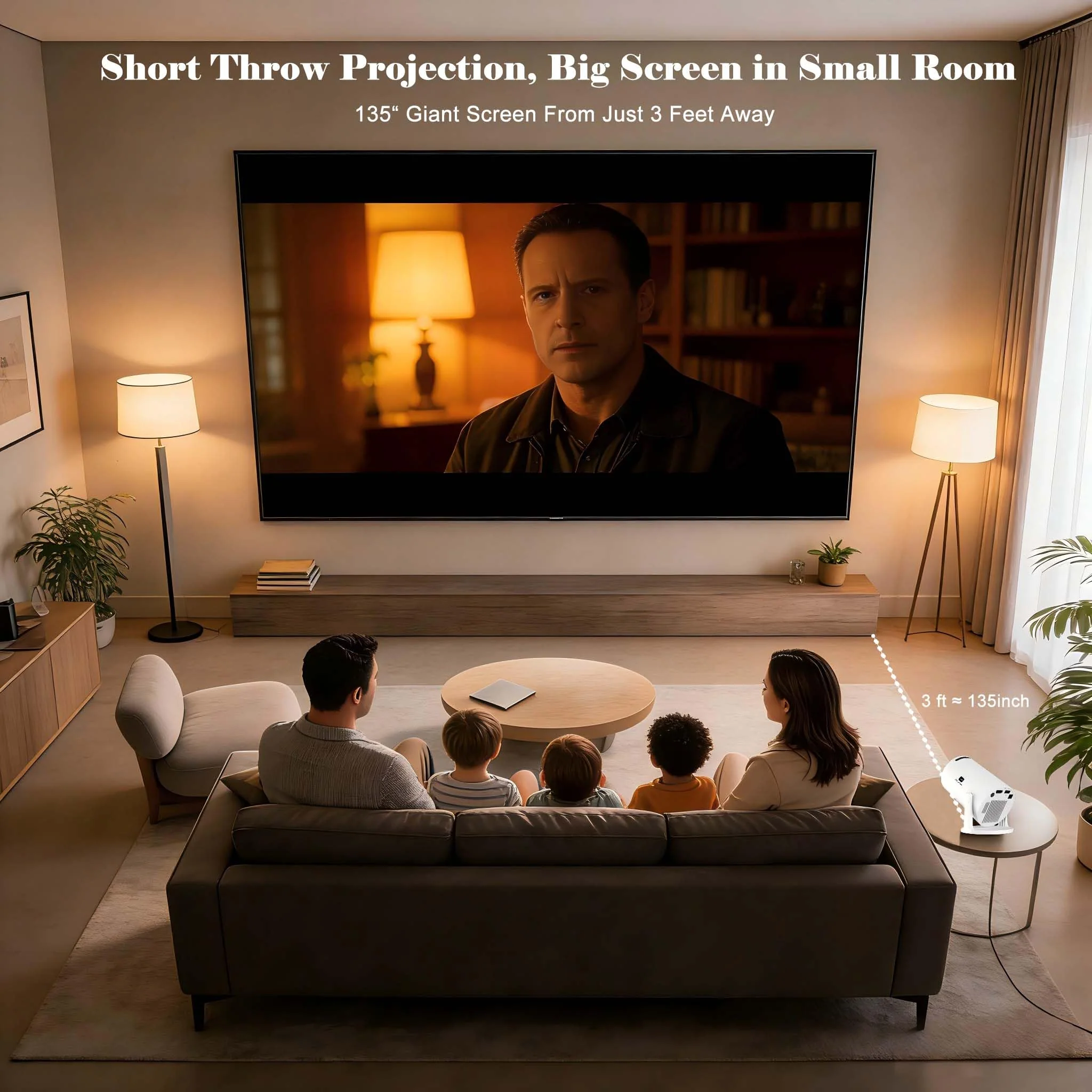 Smart Short Throw Projector with WiFi and Bluetooth, 210° Rotatable Mini Projector with Android System, Built-in Apps, Auto Keystone, Portable Ceiling Movie Projector for Bedroom & Outdoor Use Basic Edition - Image 2