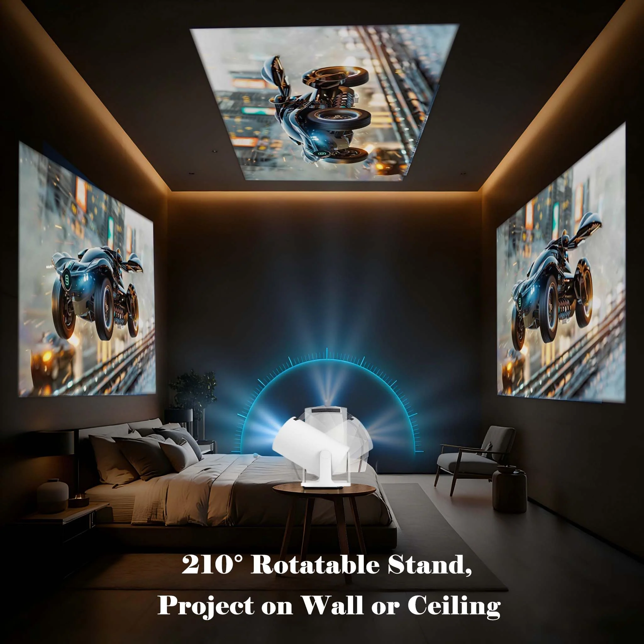 Smart Short Throw Projector with WiFi and Bluetooth, 210° Rotatable Mini Projector with Android System, Built-in Apps, Auto Keystone, Portable Ceiling Movie Projector for Bedroom & Outdoor Use Basic Edition - Image 3
