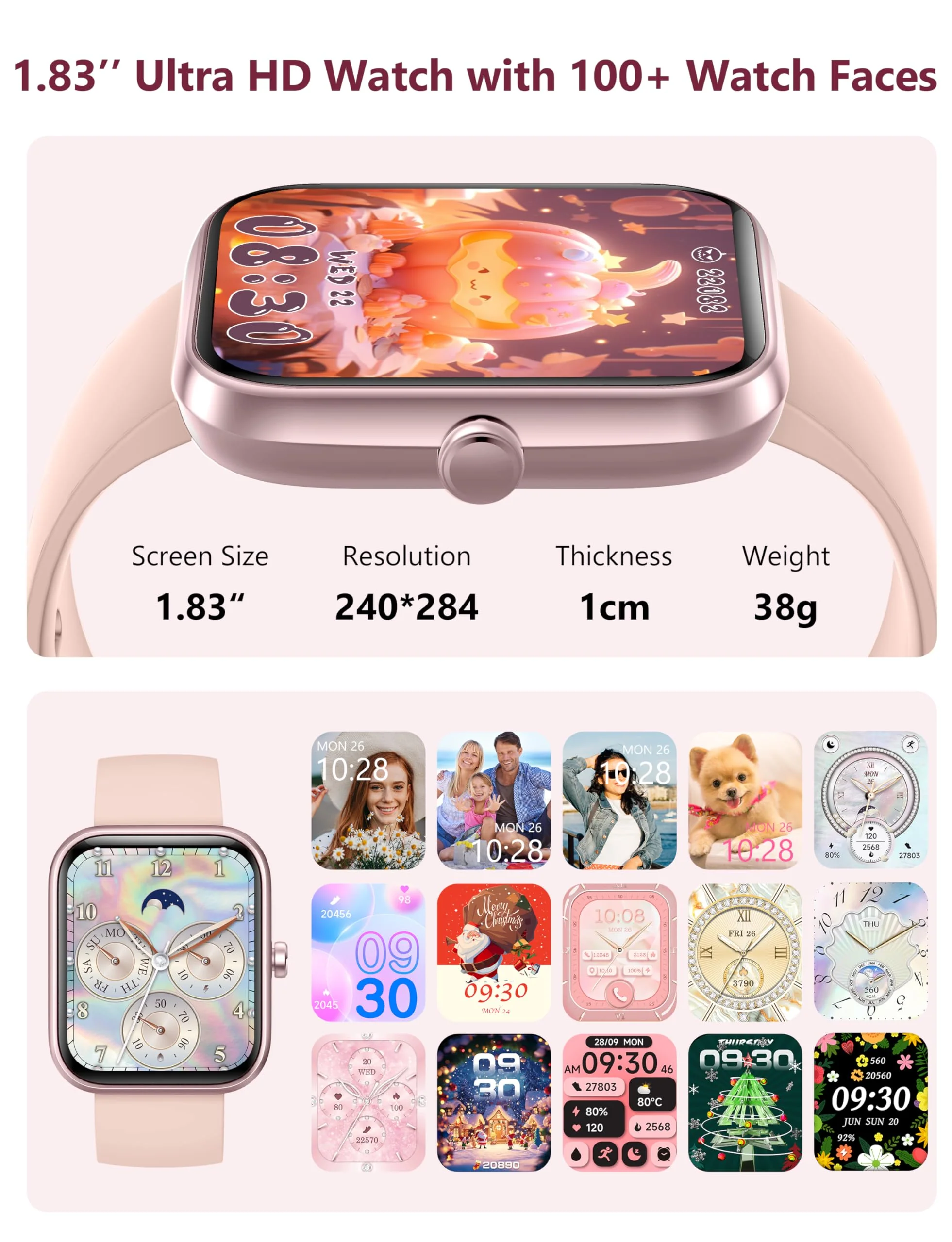 Smart Watch, 1.83'' Smartwatch Women Men Answer Make Calls, Alexa Fitness Watch, IP68 Waterproof Fitness Tracker Watch, Heart Rate / Sleep Monitor, 100+ Sports Pedometer Watch for android & iOS Phone Pink - Image 6