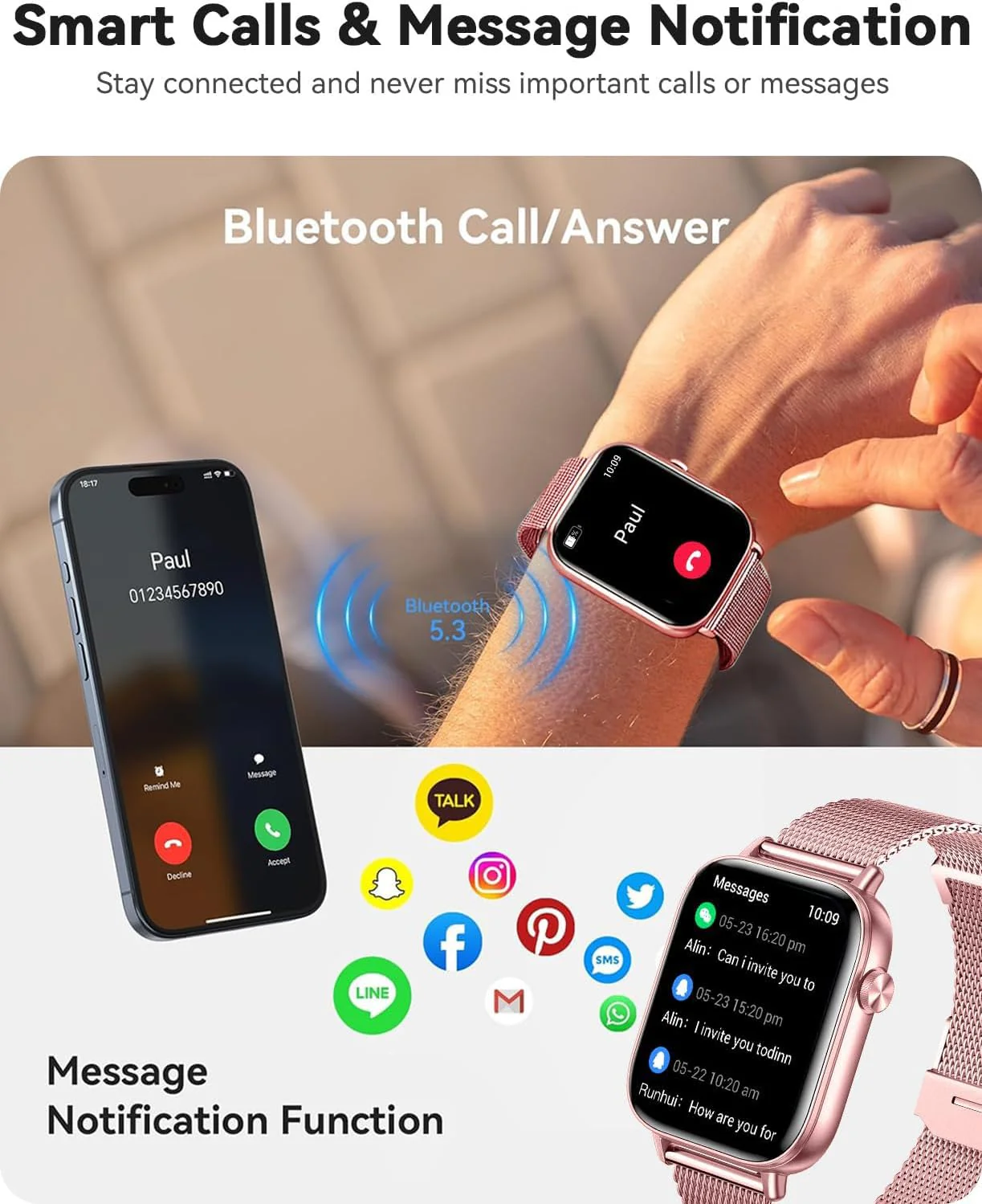 Smart Watches for Women,Fitness Tracker Smartwatch for Android Phones/iPhone Compatible,1.85" Womens Watch with Blood Pressure Monitor,Calls and Messages/Heart Rate/Sleep/Female Cycle Pink - Image 5