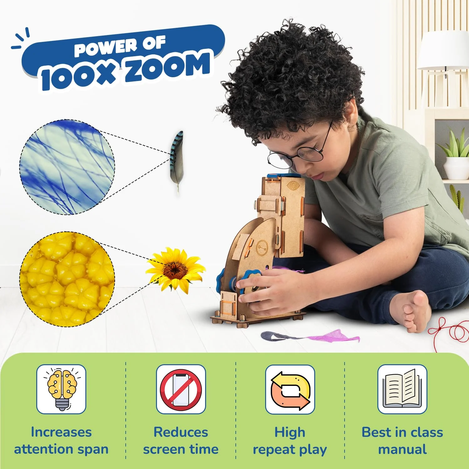 Smartivity Microscope 100x Zoom STEM Toy for Kids Age 8 to 14 Years Old | Cool Birthday Gifts Ideas for Boys & Girls | DIY Science Toys for 8,9,10,11,12,13,14 Years I Wooden Engineering Game 100x Microscope - Image 2
