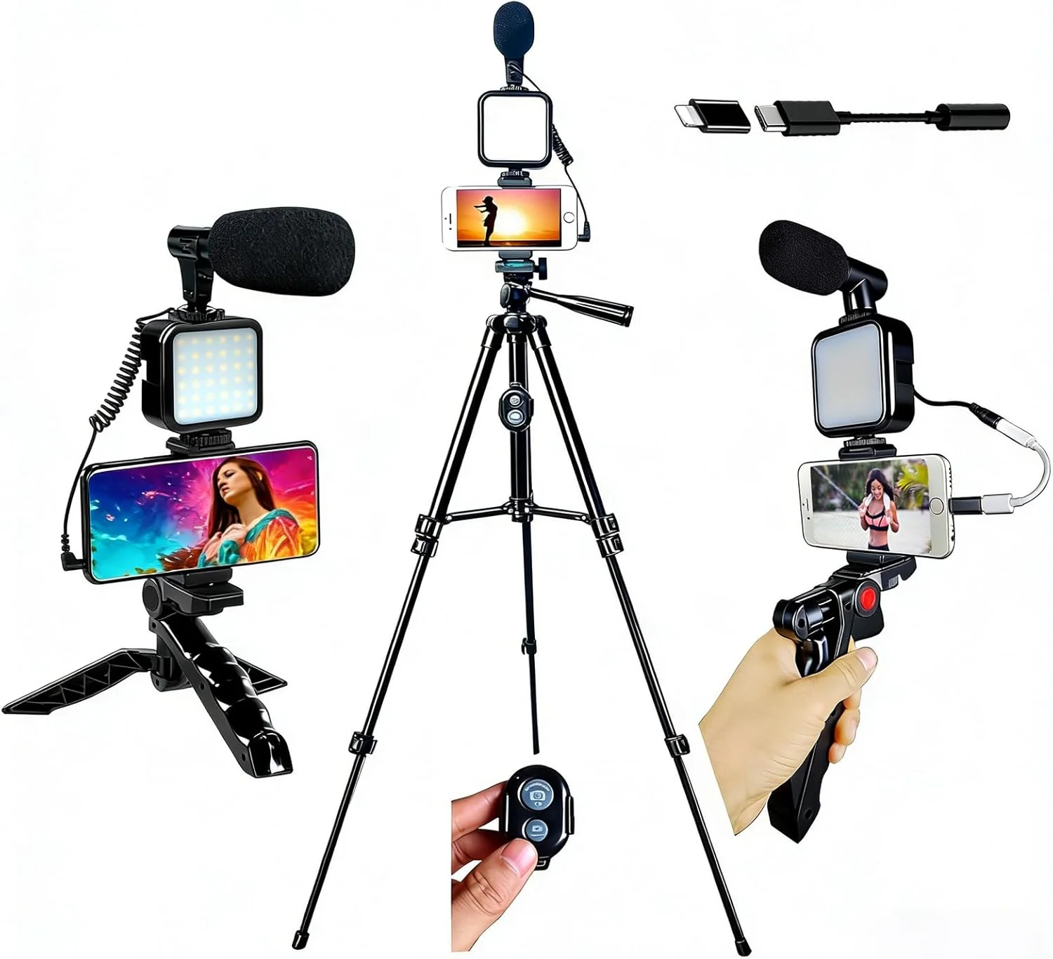 Smartphone Video Kit, Vlogging Kit, Youtuber Kit, with Microphone Light Tripod 50" Extendable Phone Clip Remote Control Compatible with iPhone/Smartphone/Cameras