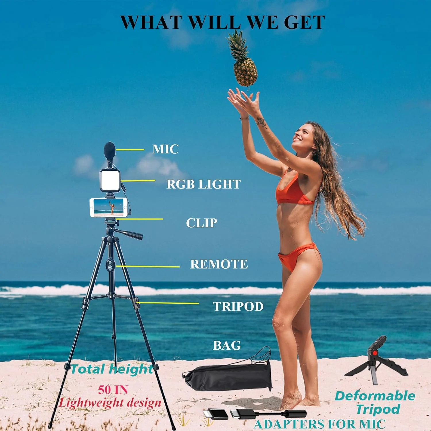 Smartphone Video Kit, Vlogging Kit, Youtuber Kit, with Microphone Light Tripod 50" Extendable Phone Clip Remote Control Compatible with iPhone/Smartphone/Cameras - Image 4