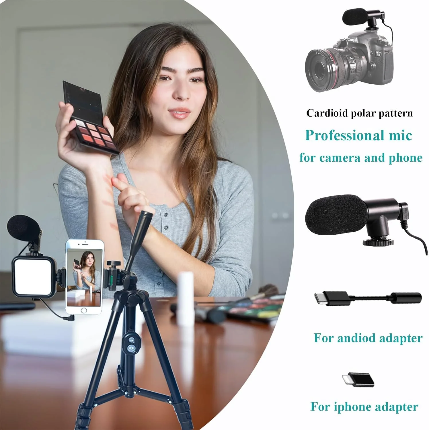 Smartphone Video Kit, Vlogging Kit, Youtuber Kit, with Microphone Light Tripod 50" Extendable Phone Clip Remote Control Compatible with iPhone/Smartphone/Cameras - Image 5