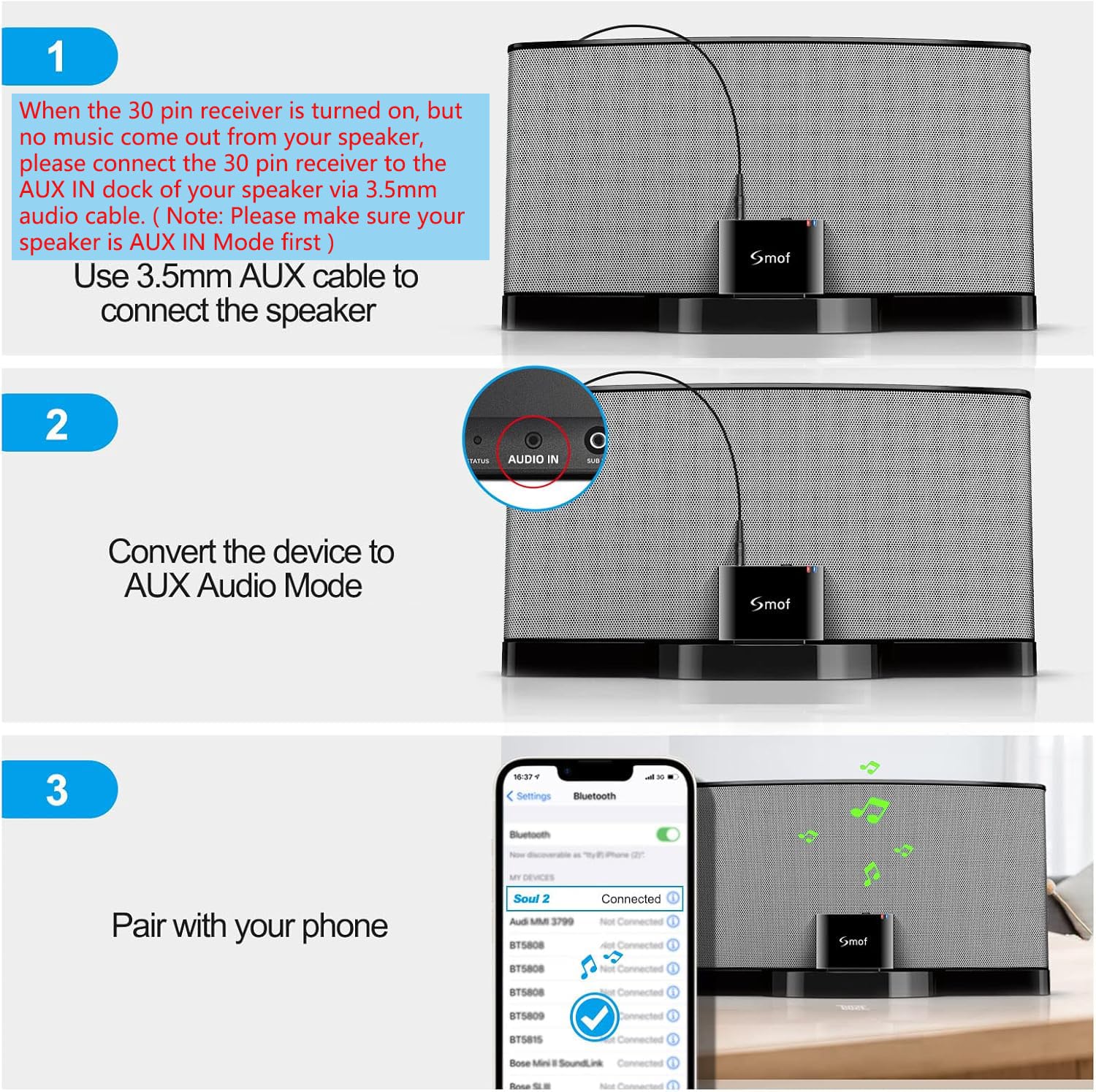 Smof 30 Pin Bluetooth Adapter Receiver for Bose Sounddock iPod iPhone Music Docking Station and Other 30 Pin Dock Speakers Bluetooth Audio Receiver with 3.5 mm Audio Cable (Not for Car or Motorcycle) - Image 5