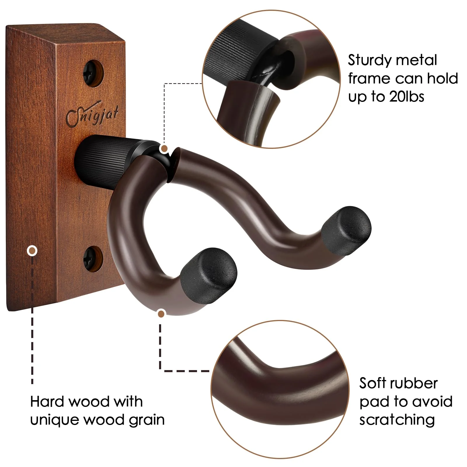 SNIGJAT Guitar Hanger 4 Pack, Hardwood Guitar Wall Mount, Rotatable Guitar Wall Hanger with Screws, V-Shaped Wall Hook Holder Stand for Acoustic Electric Guitar, Bass, Banjo, Mandolin Brown - Image 6