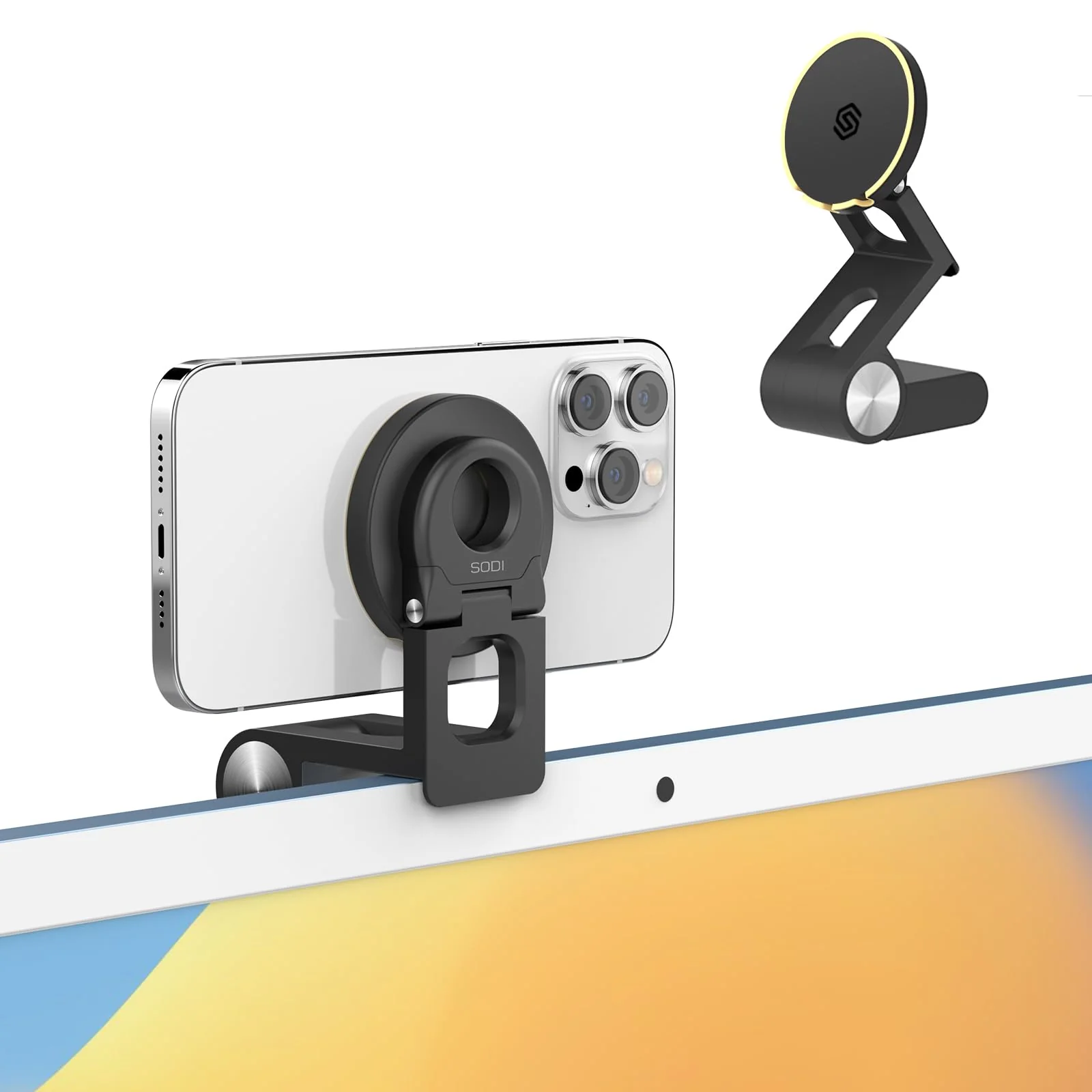 SODI Continuity Camera Mount for Desktop Monitor & iMac Compatible iPhone Webcam Mount with Mag-Safe for Mac and Displays, Mac OS Ventura, Work for Facetime, Desk View, Black Matte Black