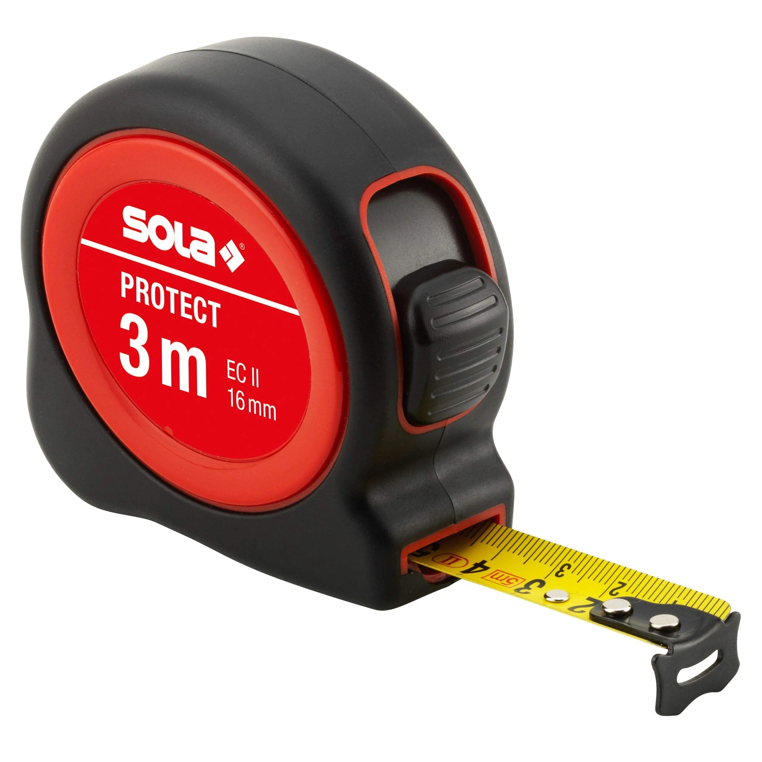SOLA Protect Tape Measure 3 m / 16 mm – Robust Tape Measure with Belt Clip – Steel Tape Painted Yellow with mm Scale – Accuracy Class II – Roll Meter with Movable End Hook – Length 3 m, 5 m, 8 m 3m / 16mm