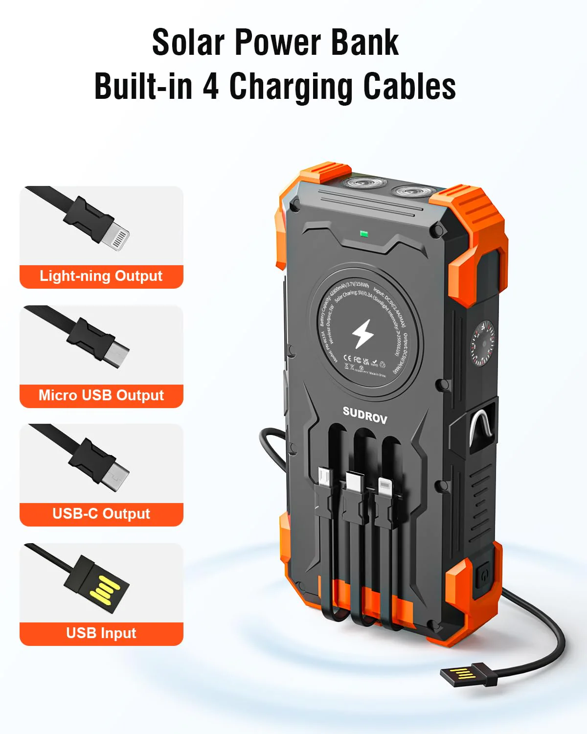Solar Charger Power Bank, 42800mAh Wireless Portable Charger with USB-C in/Output, QC3.0 Fast Charging 15W 4 Ports Outdoor Battery Pack Built-in Dual Led Flashlights for iPhone Samsung etc Orange - Image 3