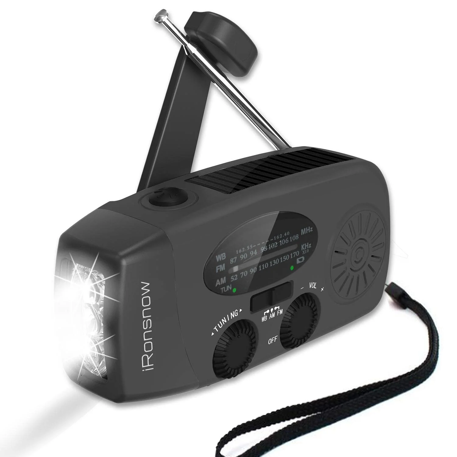 Solar Emergency NOAA Weather Radio Dynamo Hand Crank Self Powered AM FM WB Radios 3 LED Flashlight 2000mAh USB Smart Phone Charger Power Bank SOS Alarm (Black) IR088 Black