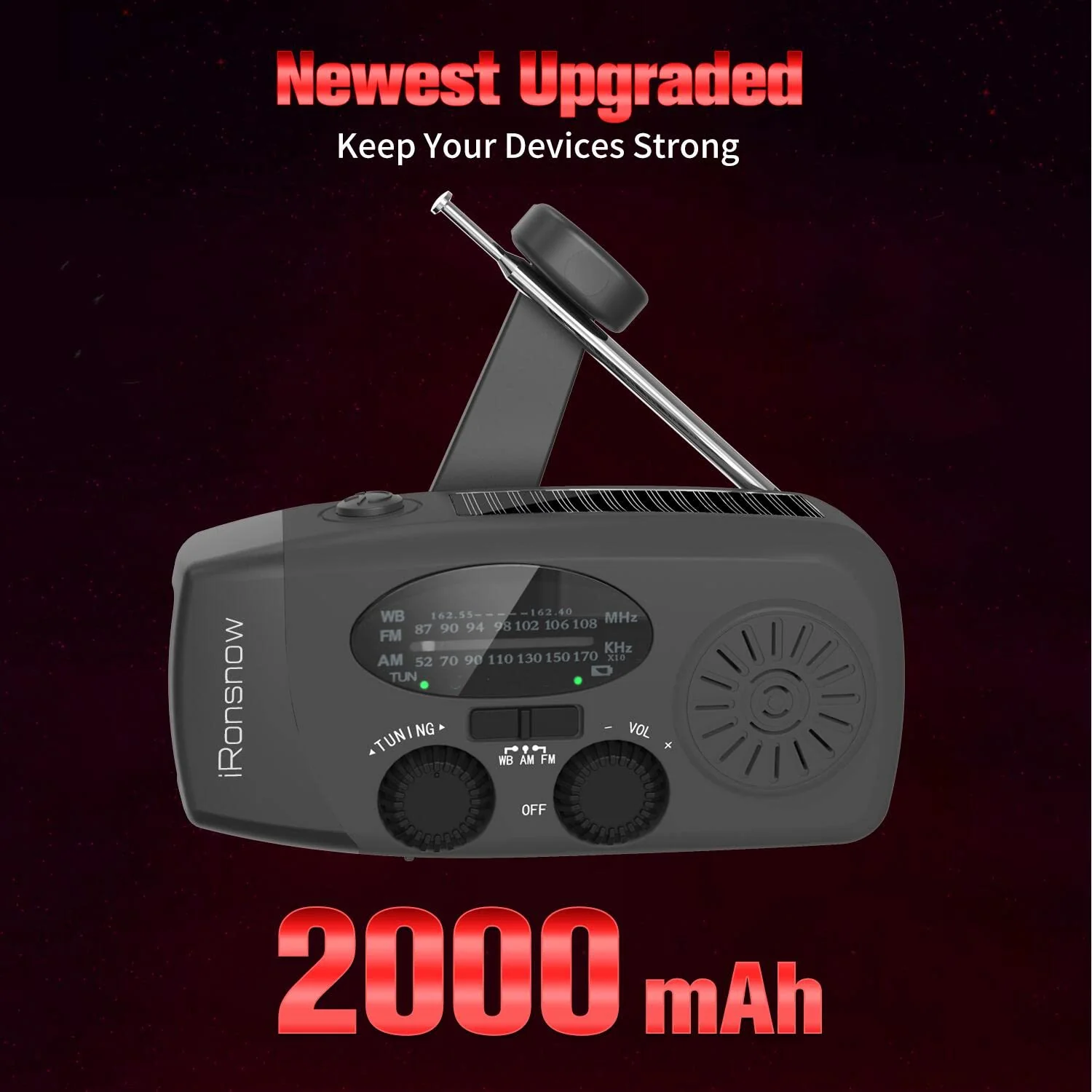 Solar Emergency NOAA Weather Radio Dynamo Hand Crank Self Powered AM FM WB Radios 3 LED Flashlight 2000mAh USB Smart Phone Charger Power Bank SOS Alarm (Black) IR088 Black - Image 2